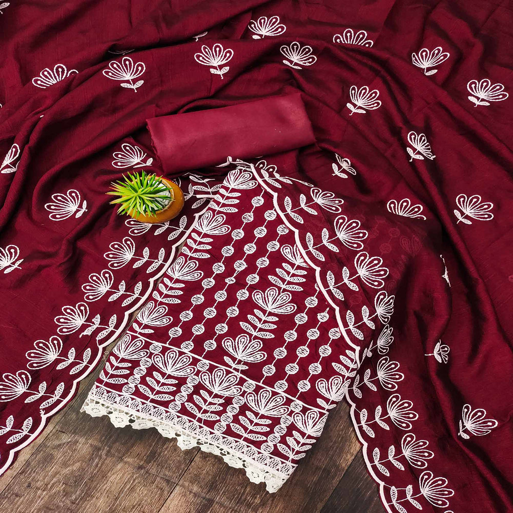 Maroon Floral Embroidered Vichitra Silk Dress Material