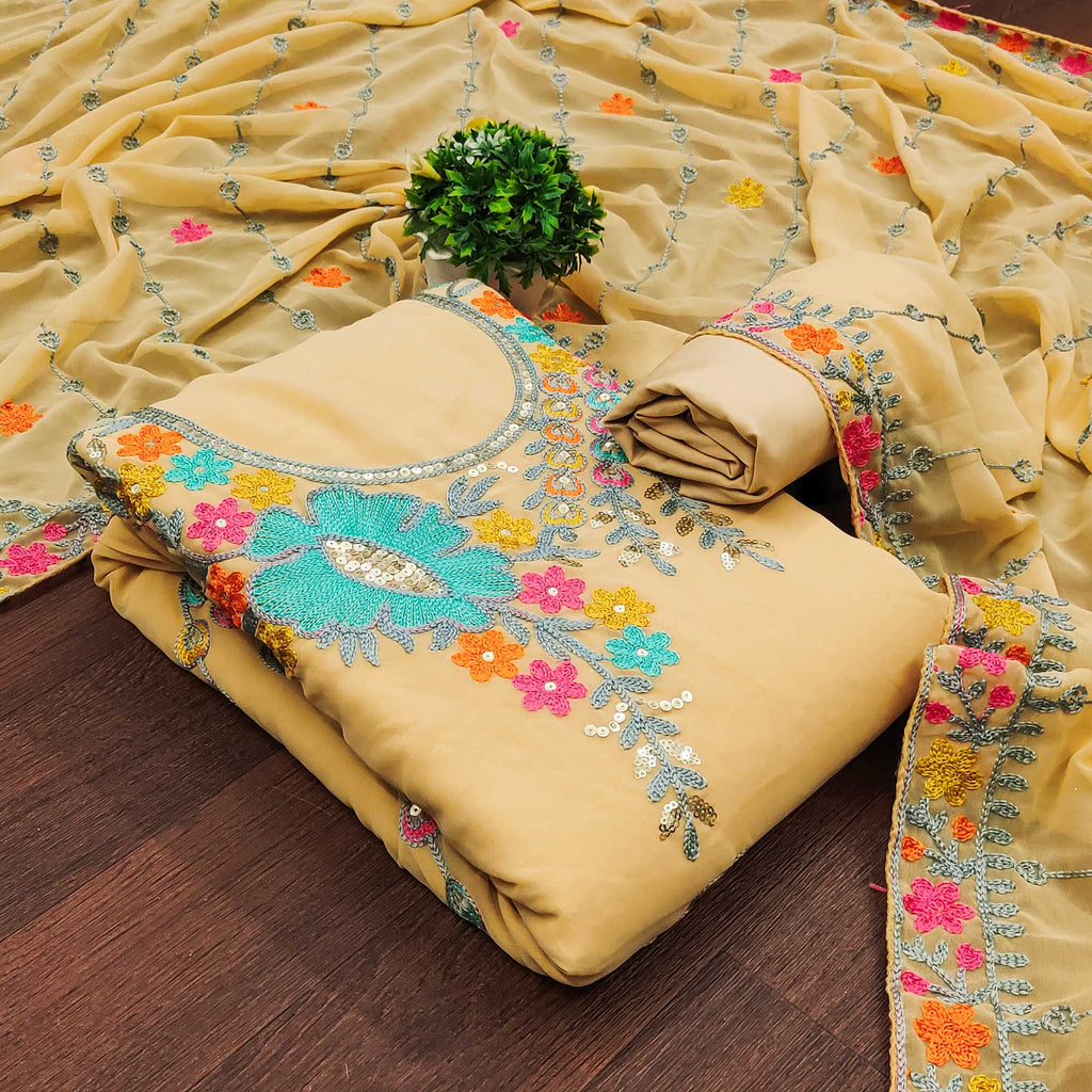 Chikoo Floral Sequins Embroidered Georgette Dress Material