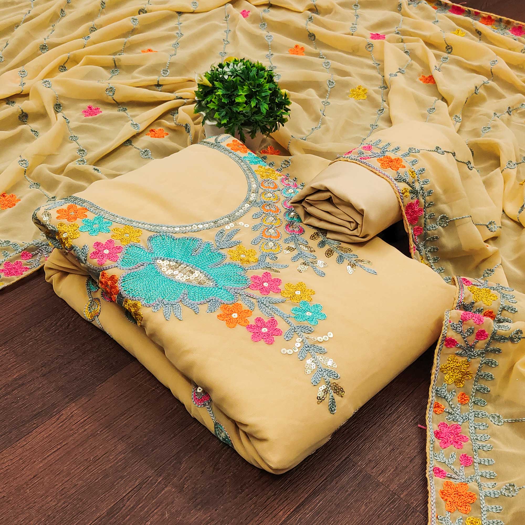 Chikoo Floral Sequins Embroidered Georgette Dress Material