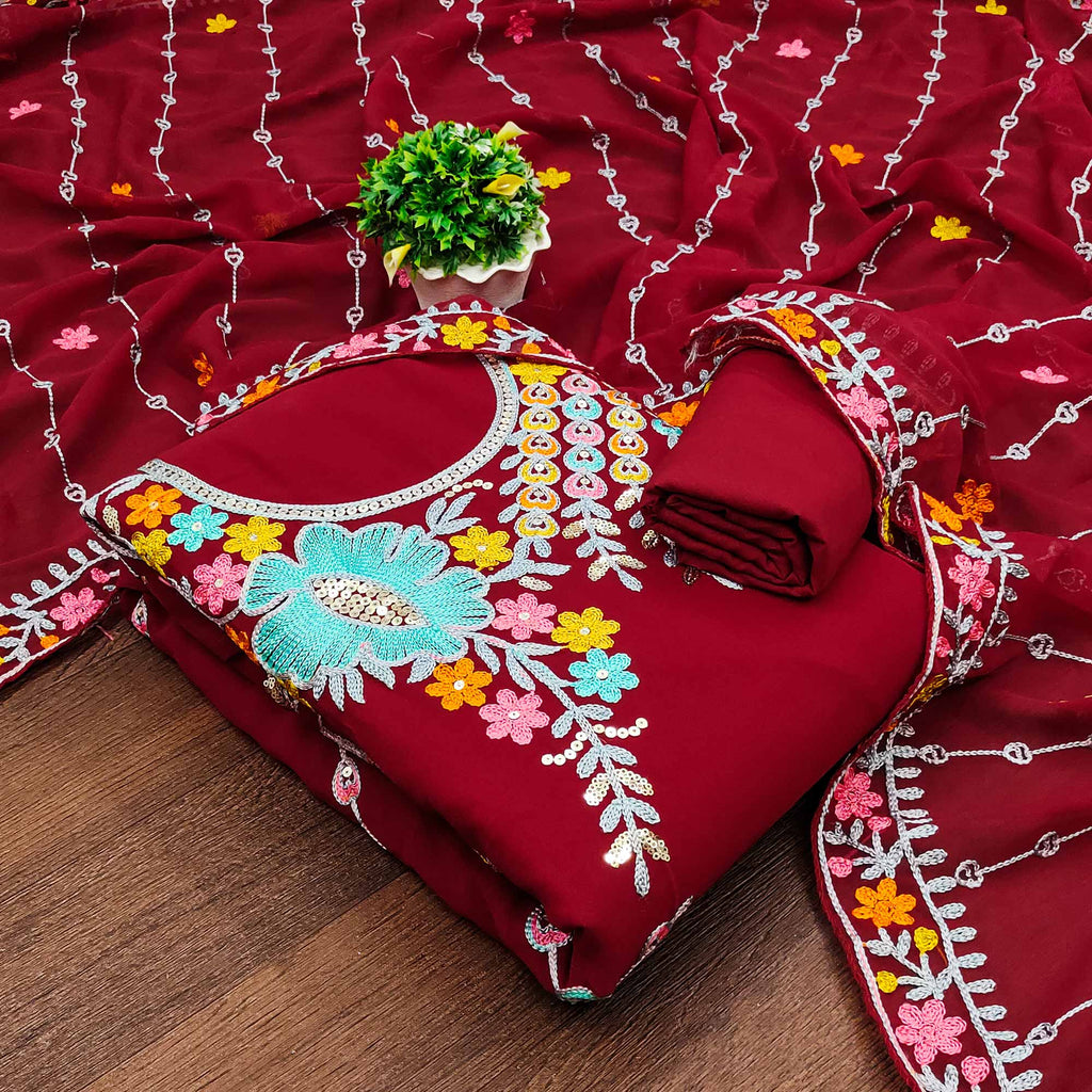 Maroon Floral Sequins Embroidered Georgette Dress Material