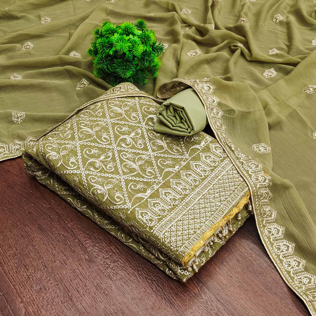 Green Floral Embroidered Vichitra Silk Dress Material