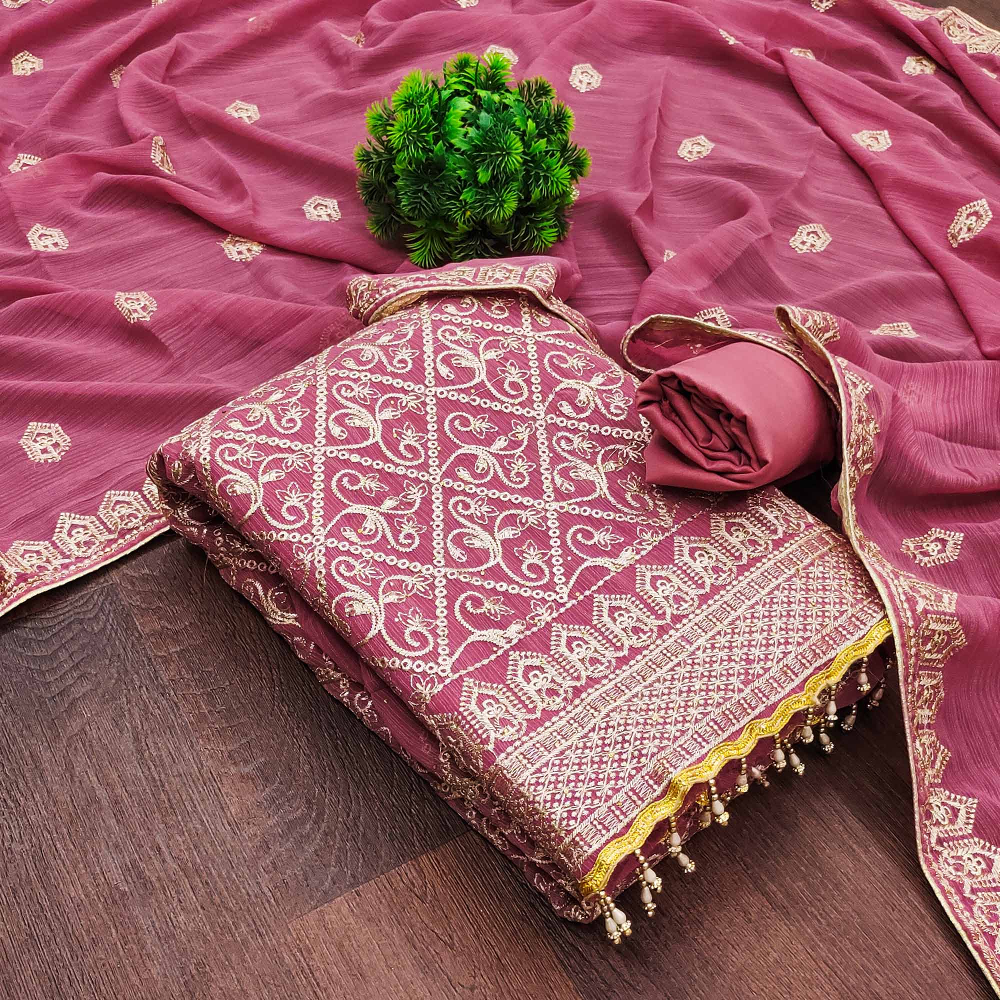 Pink Floral Embroidered Vichitra Silk Dress Material