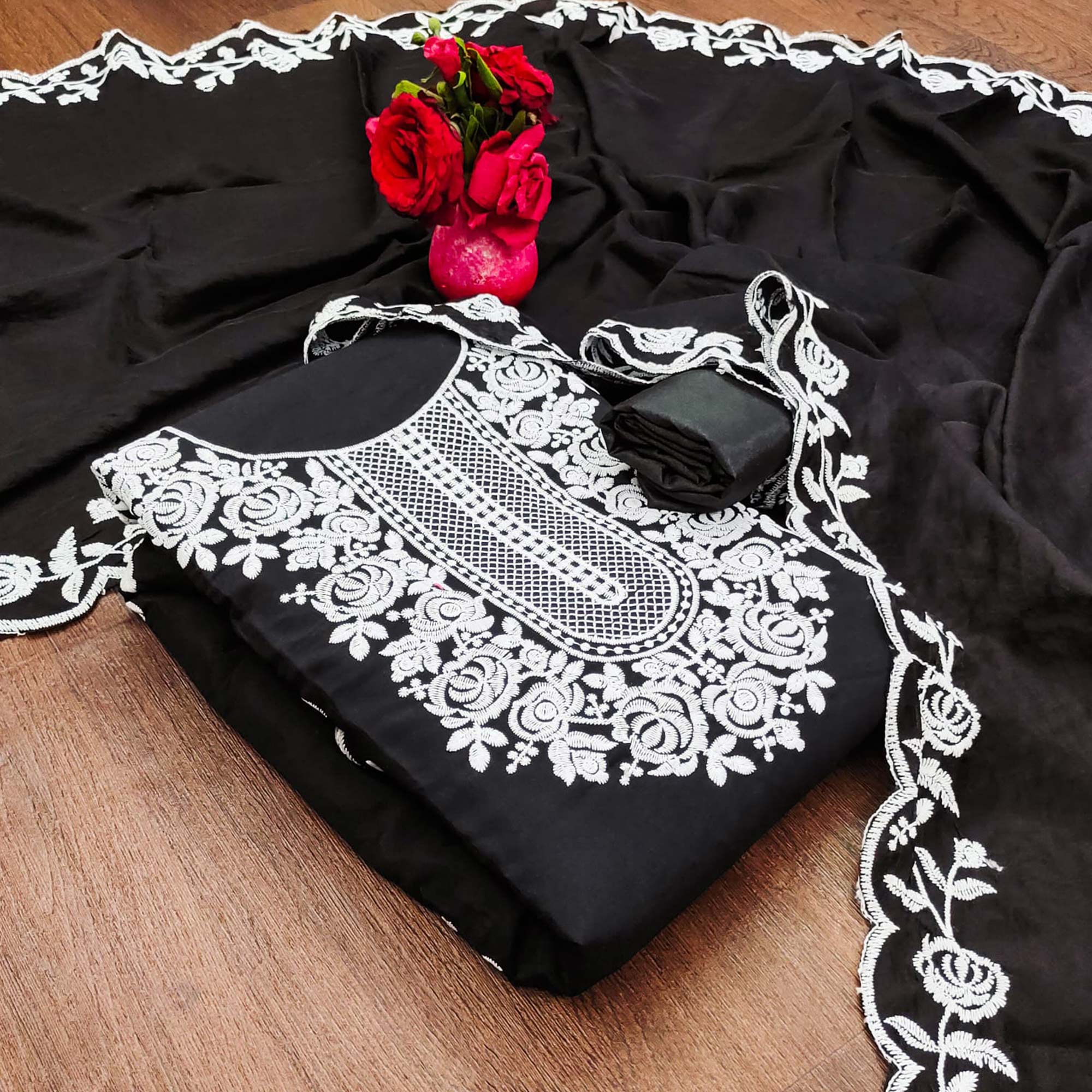Black Floral Embroidered Chanderi Dress Material