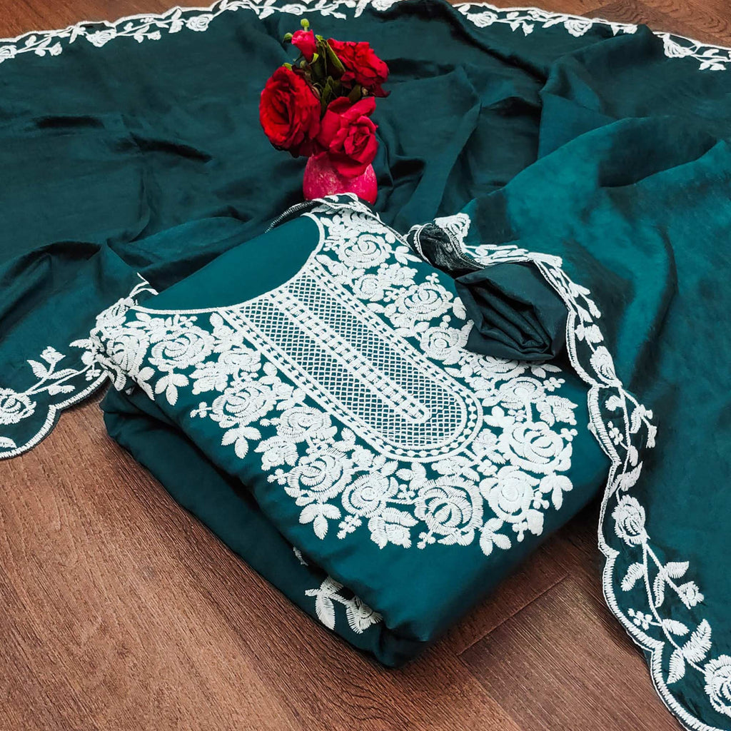 Morpich Floral Embroidered Chanderi Dress Material