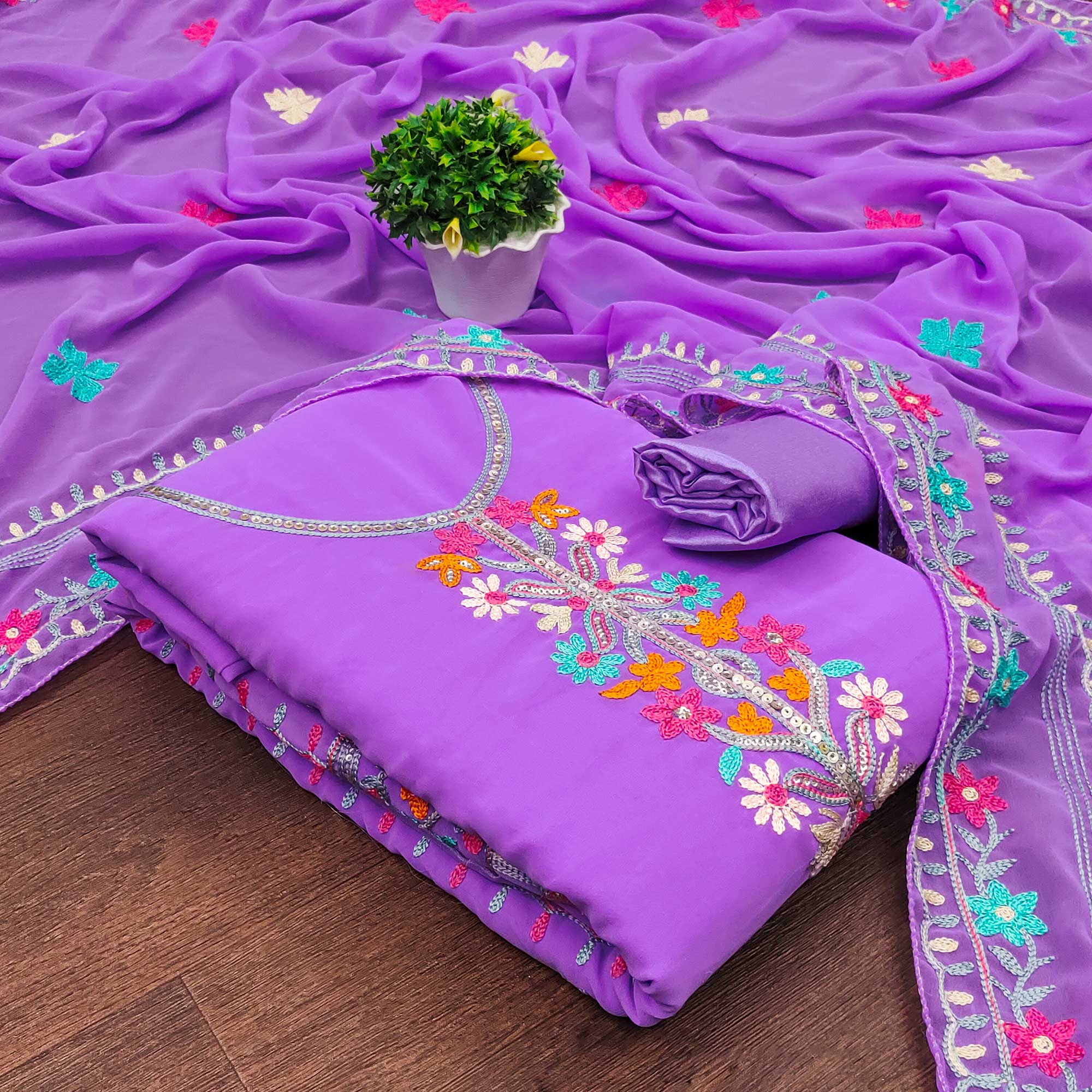 Lavender Floral Sequins Embroidered Georgette Dress Material
