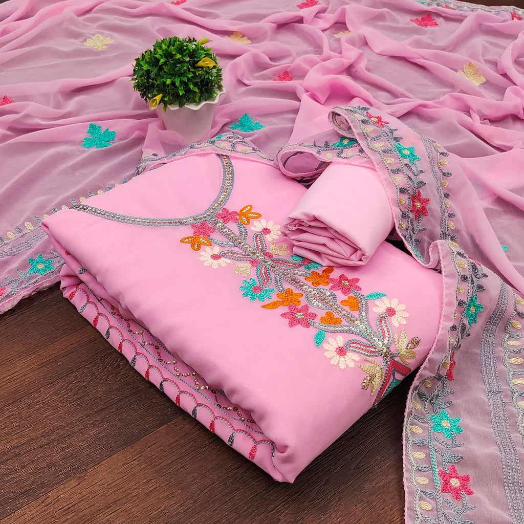 Pink Floral Sequins Embroidered Georgette Dress Material