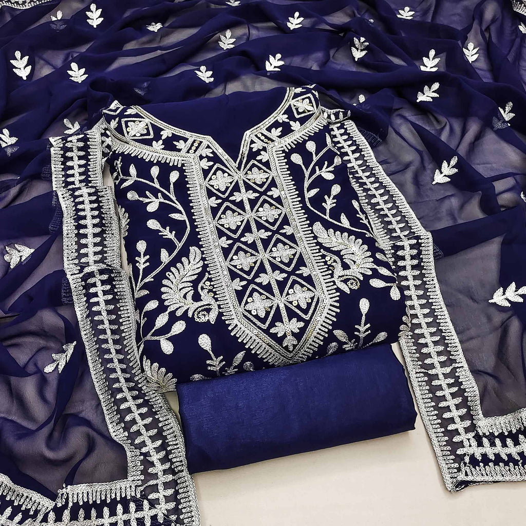 Navy Blue Floral Sequins Embroidered Georgette Dress Material