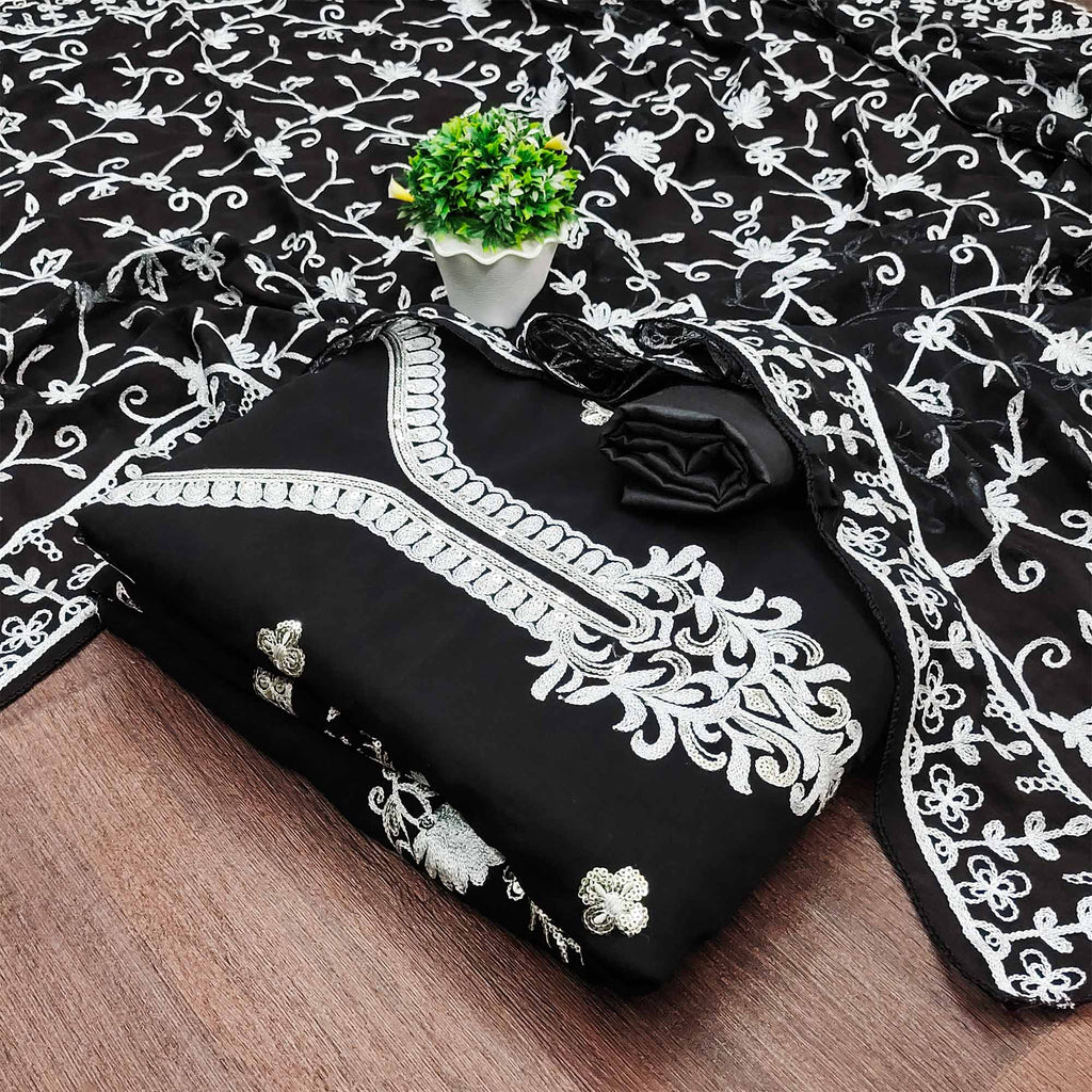 Black Floral Sequins Embroidered Georgette Dress Material