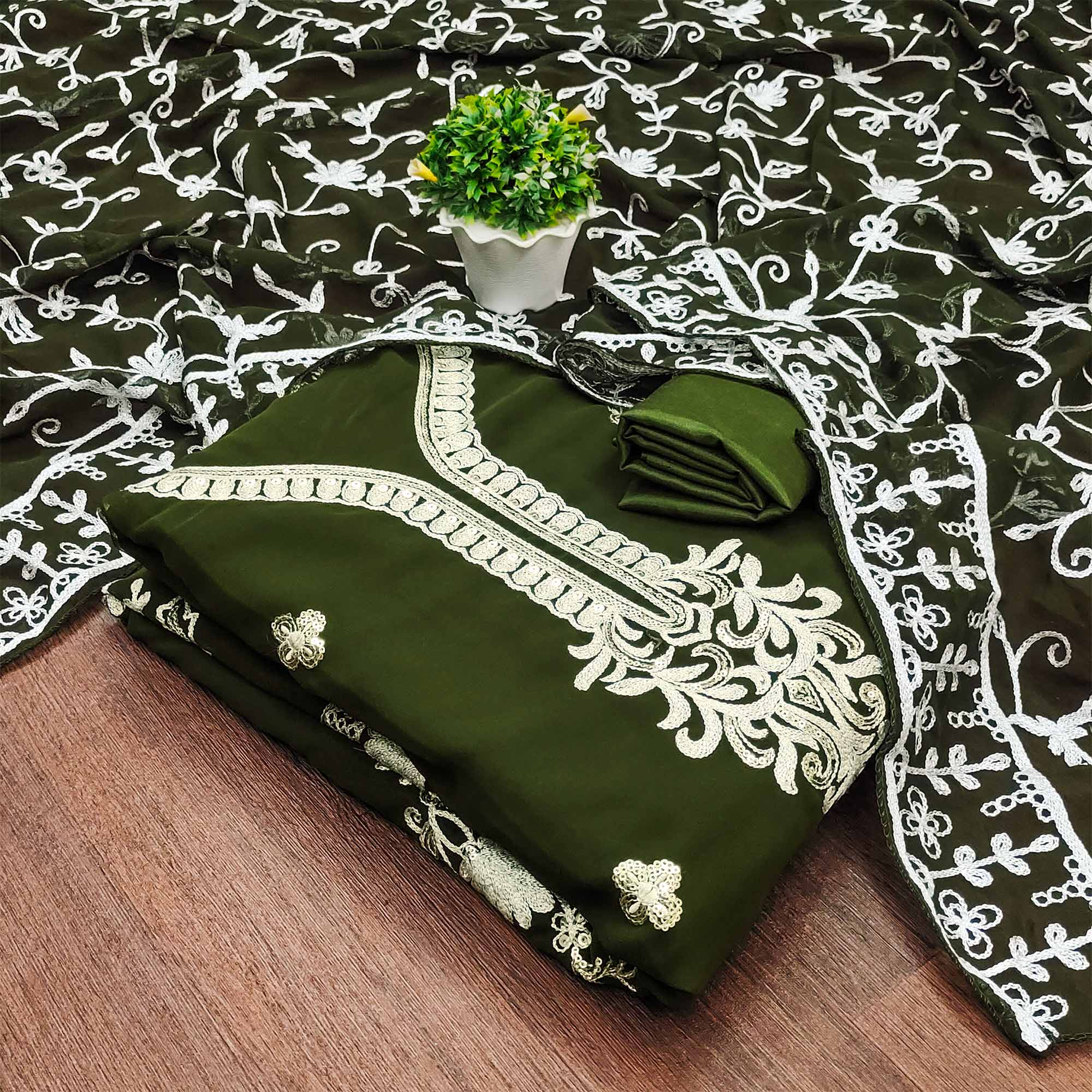 Mehendi Green Floral Sequins Embroidered Georgette Dress Material