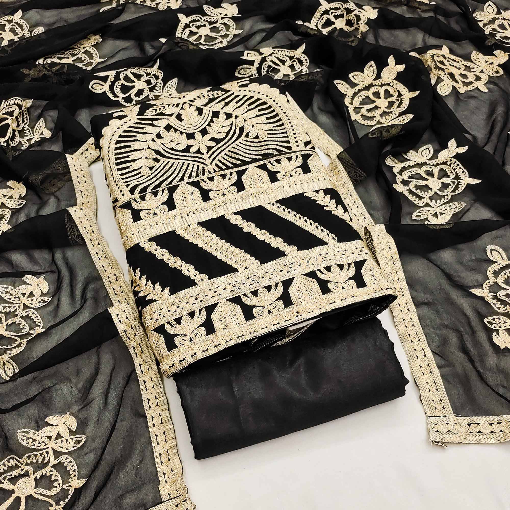 Black Floral Embroidered Georgette Dress Material