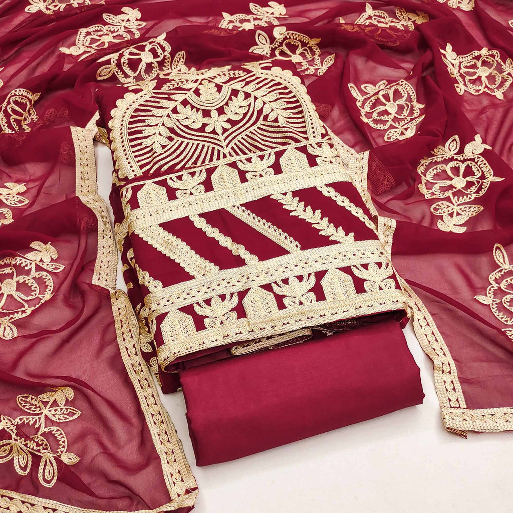 Maroon Floral Embroidered Georgette Dress Material