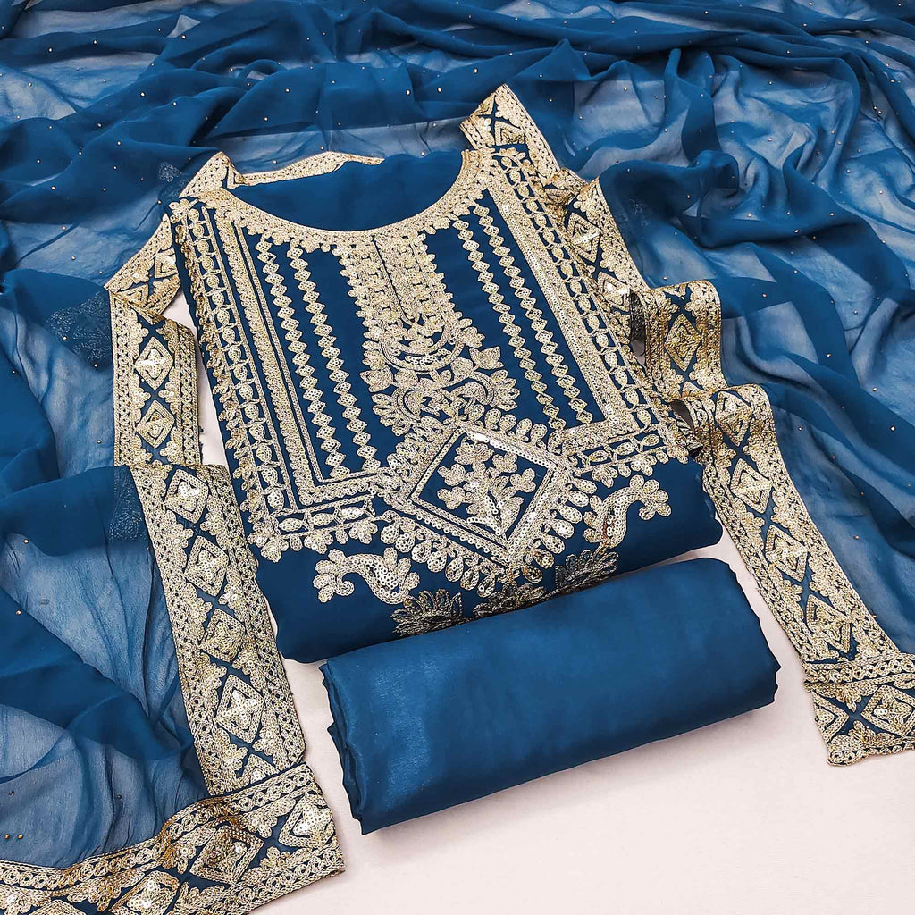 Blue Floral Sequins Embroidered Georgette Dress Material