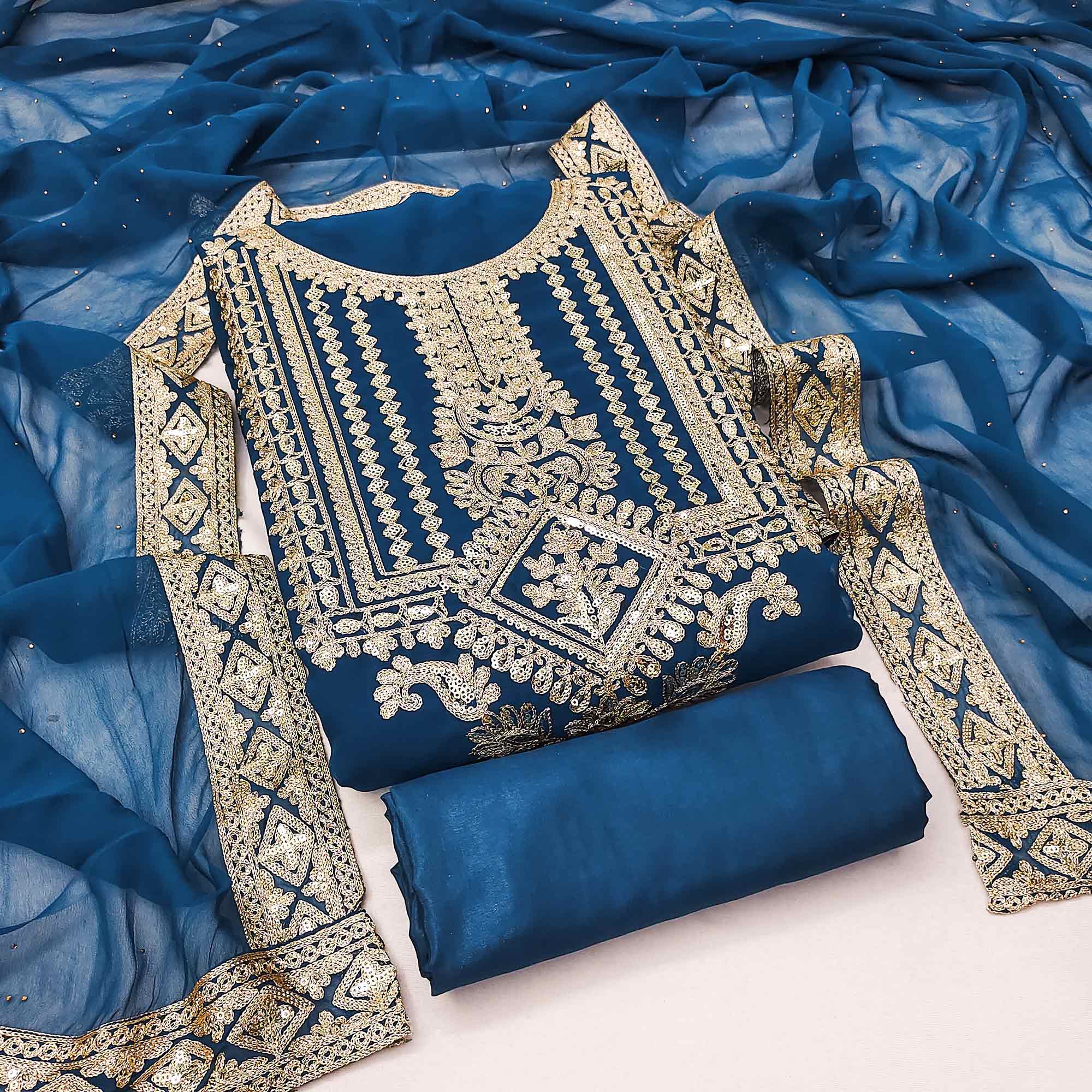 Blue Floral Sequins Embroidered Georgette Dress Material