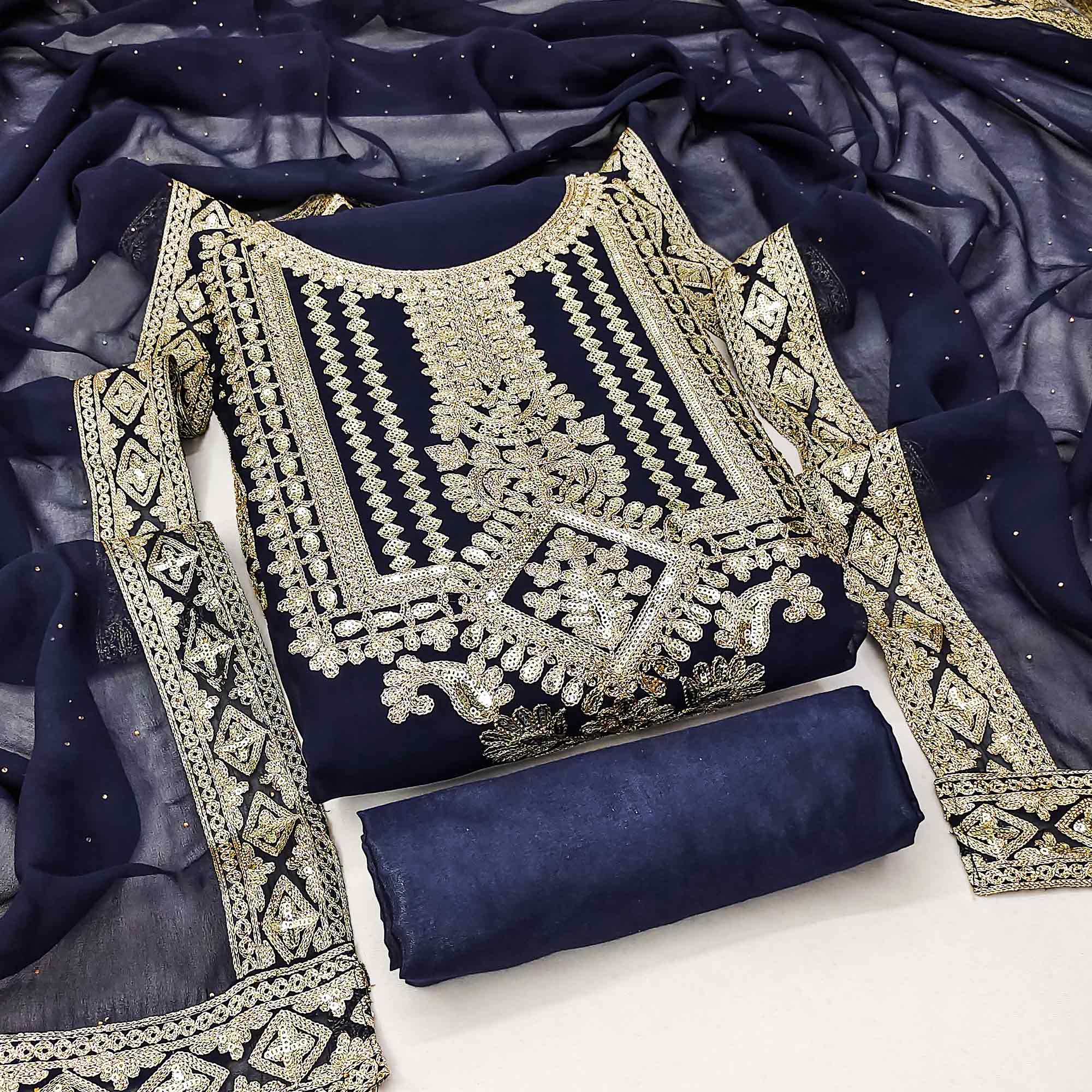 Navy Blue Floral Sequins Embroidered Georgette Dress Material