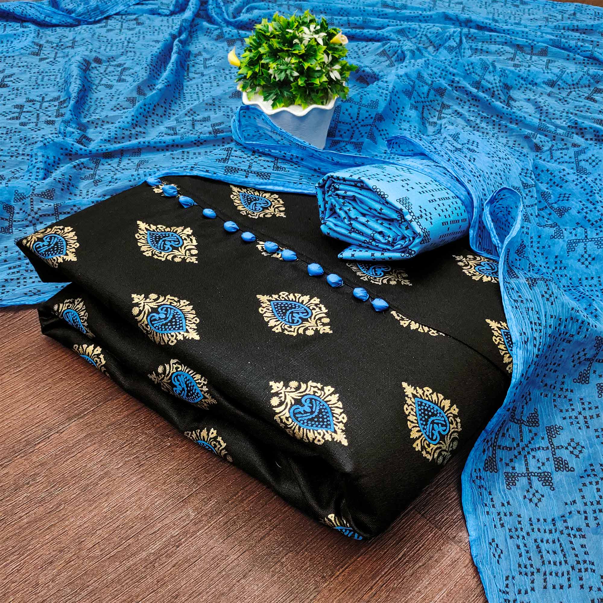 Black & Blue Printed Cotton Blend Dress Material