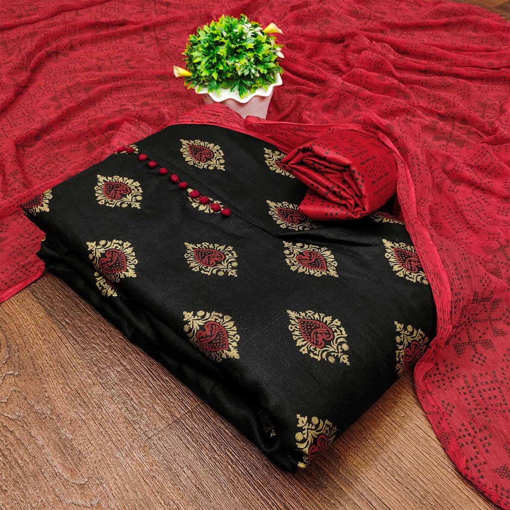 Black & Red Printed Cotton Blend Dress Material