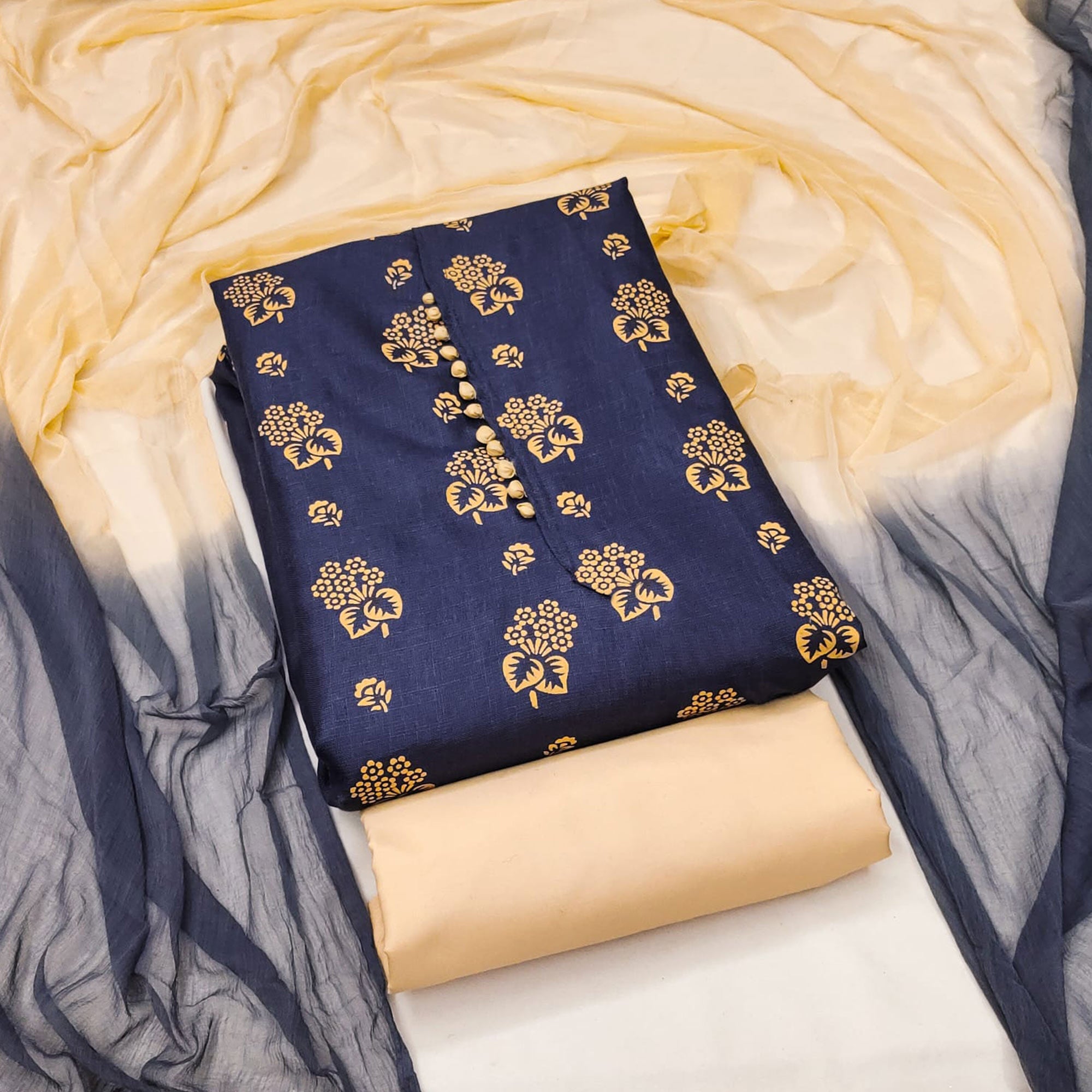 Blue Foil Floral Printed Cotton Blend Dress Material