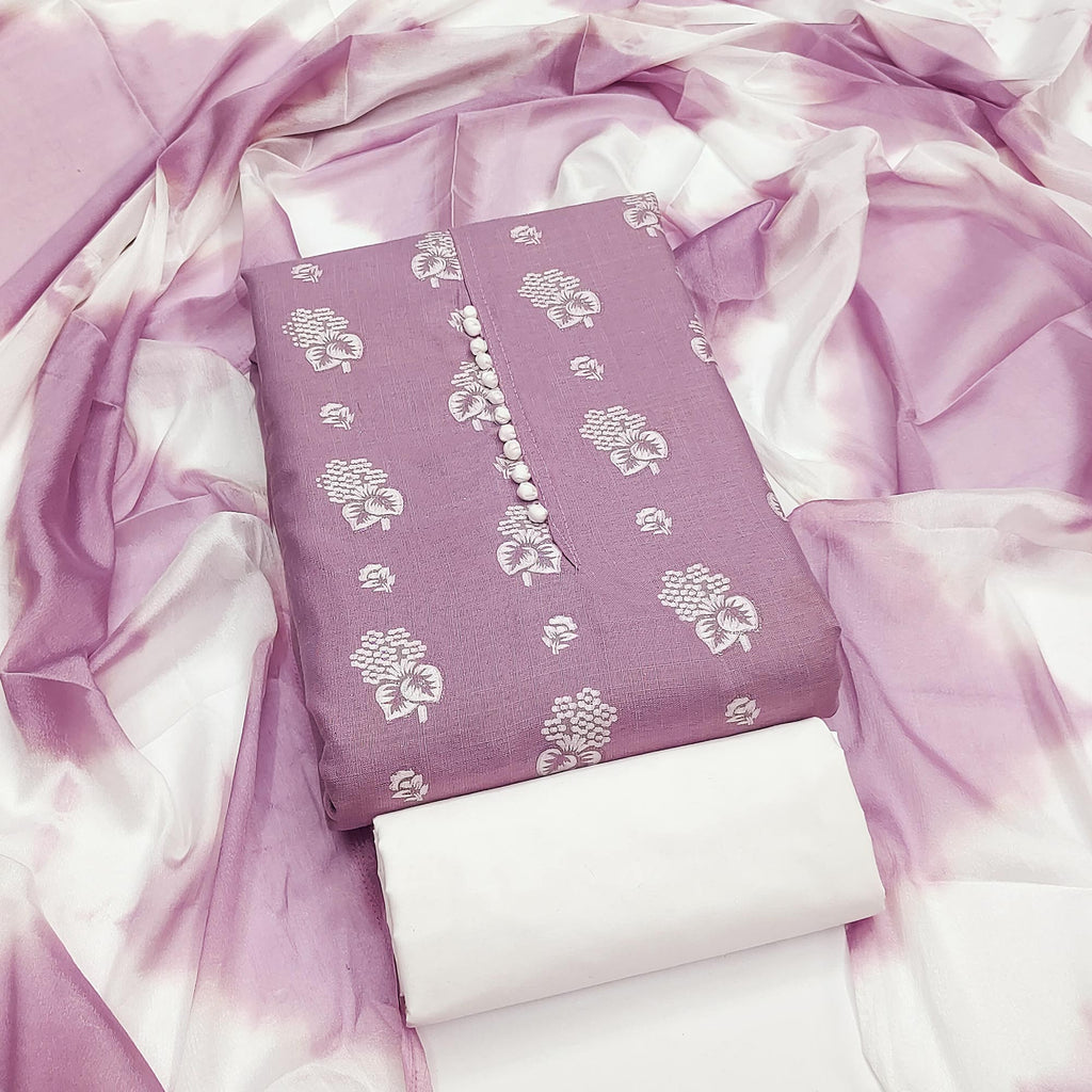 Lavender Floral Foil Printed Cotton Blend Dress Material