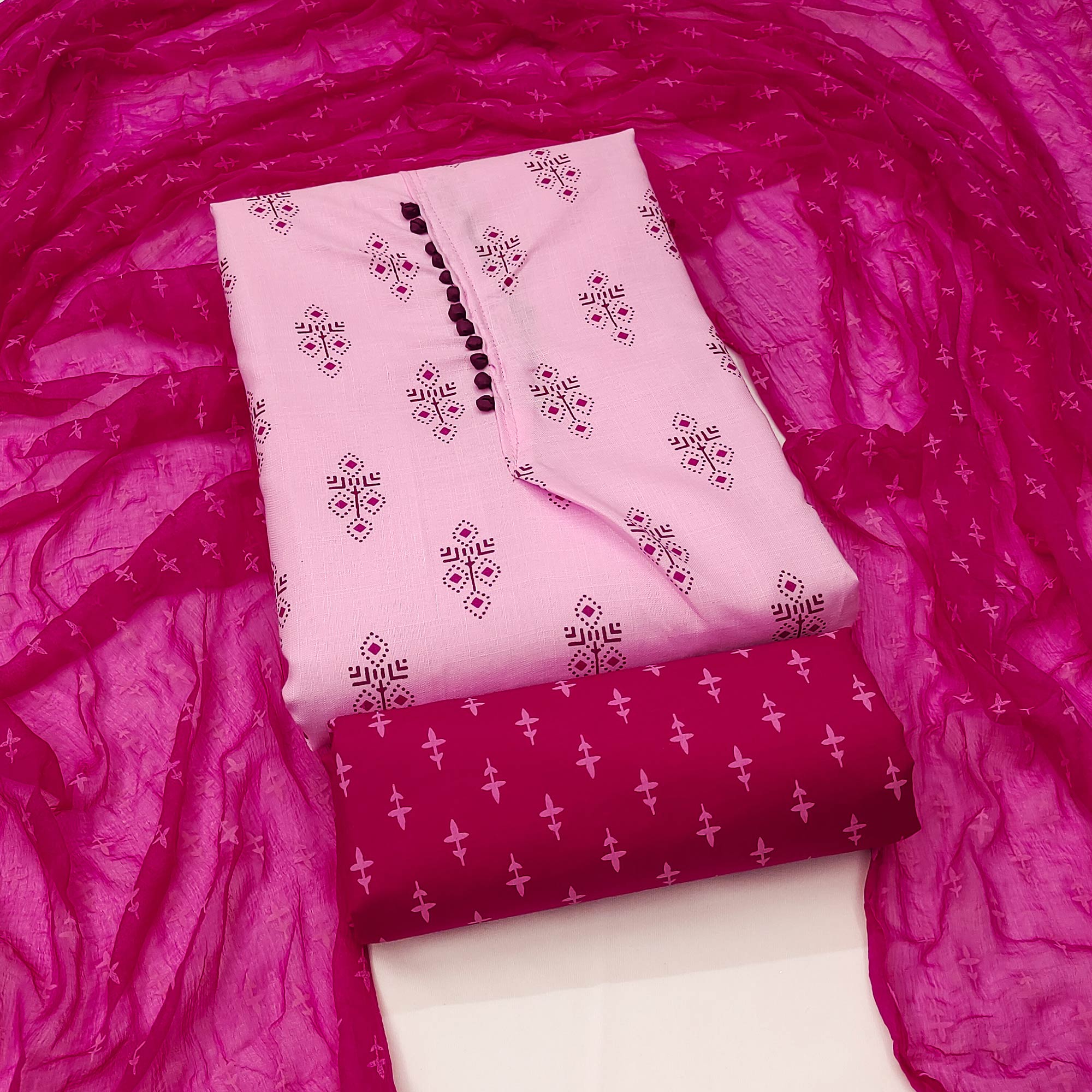 Pink Floral Printed Cotton Blend Dress Material