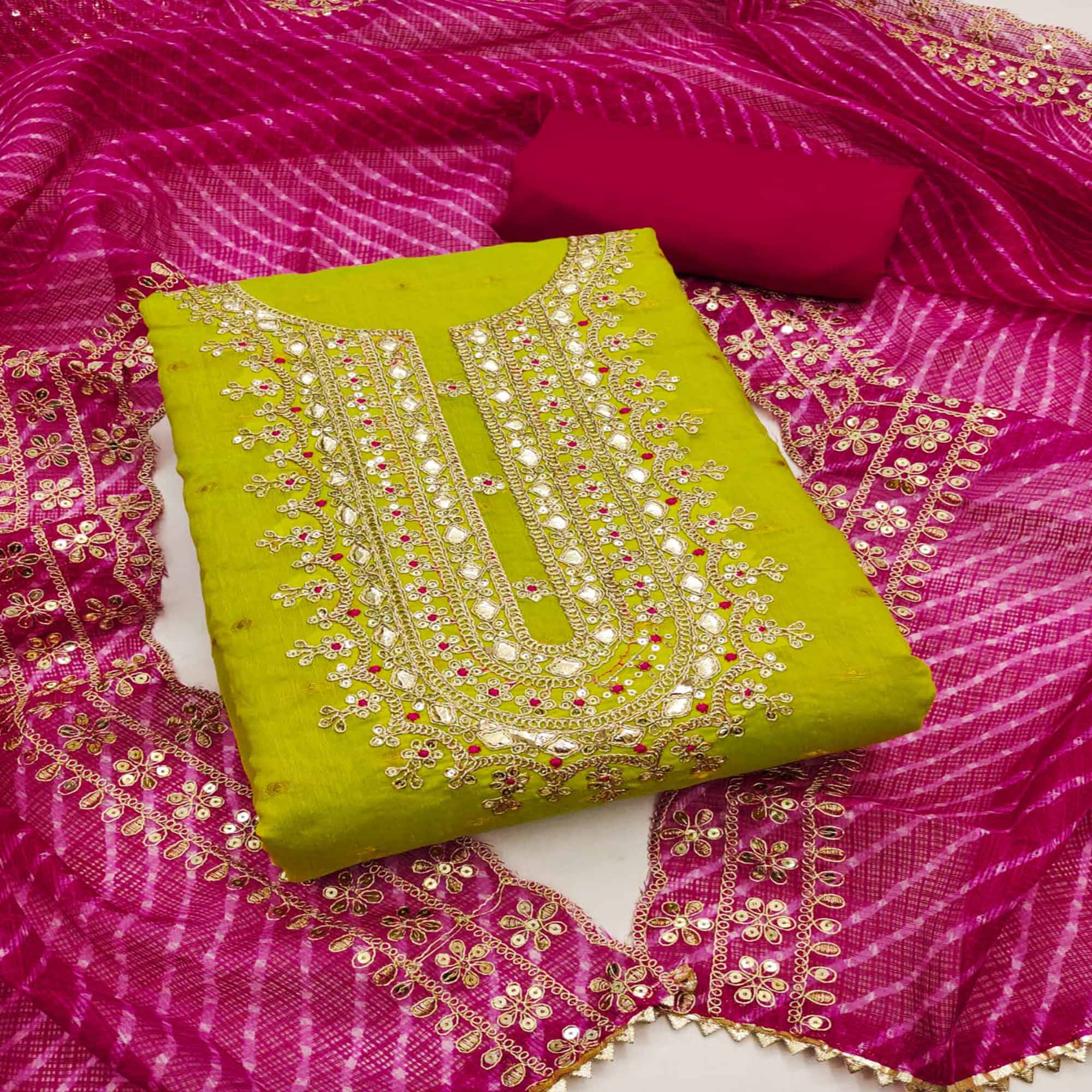 Green Woven With Sequins Embroidered Chanderi Dress Material
