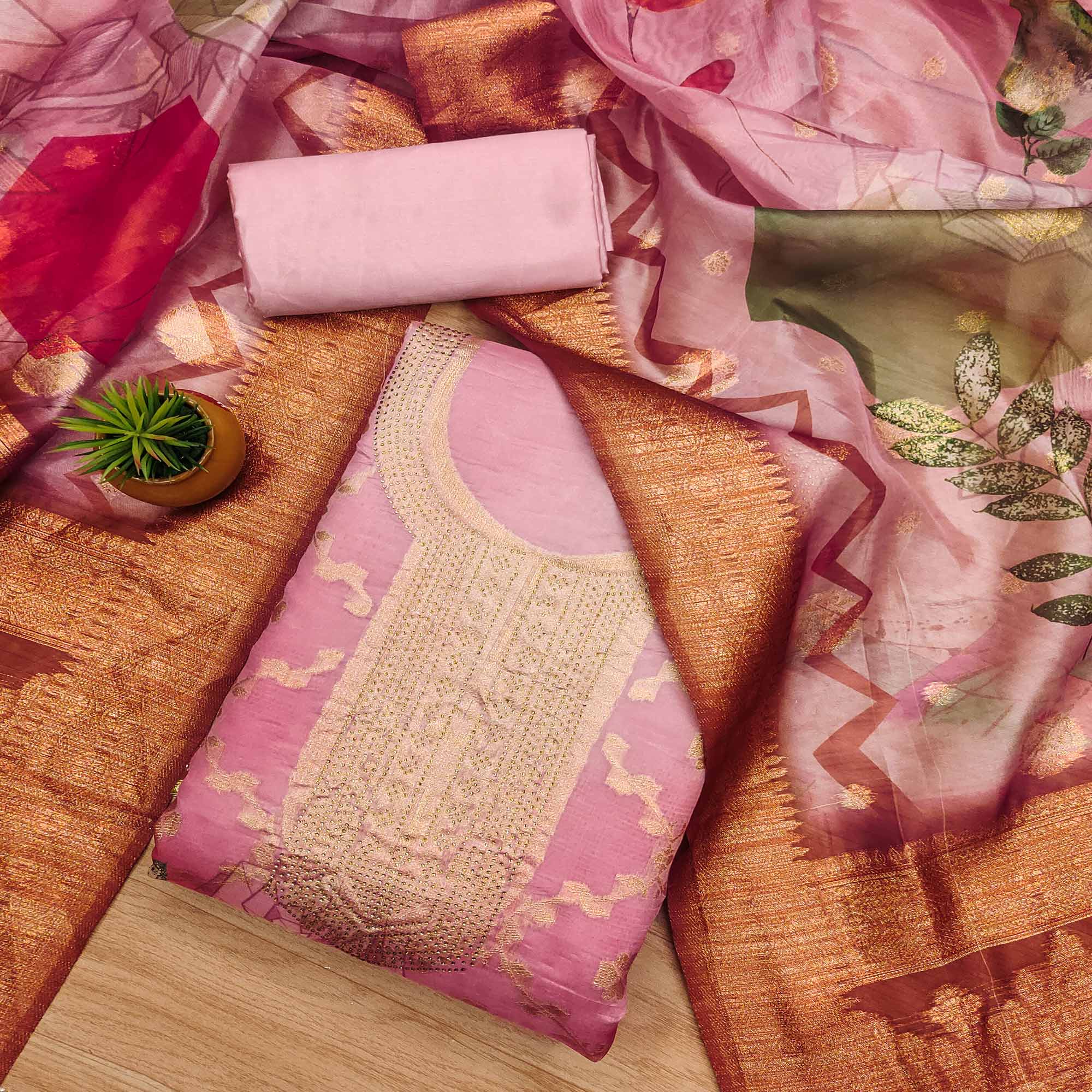 Light Pink Woven Work Organza Dress Material