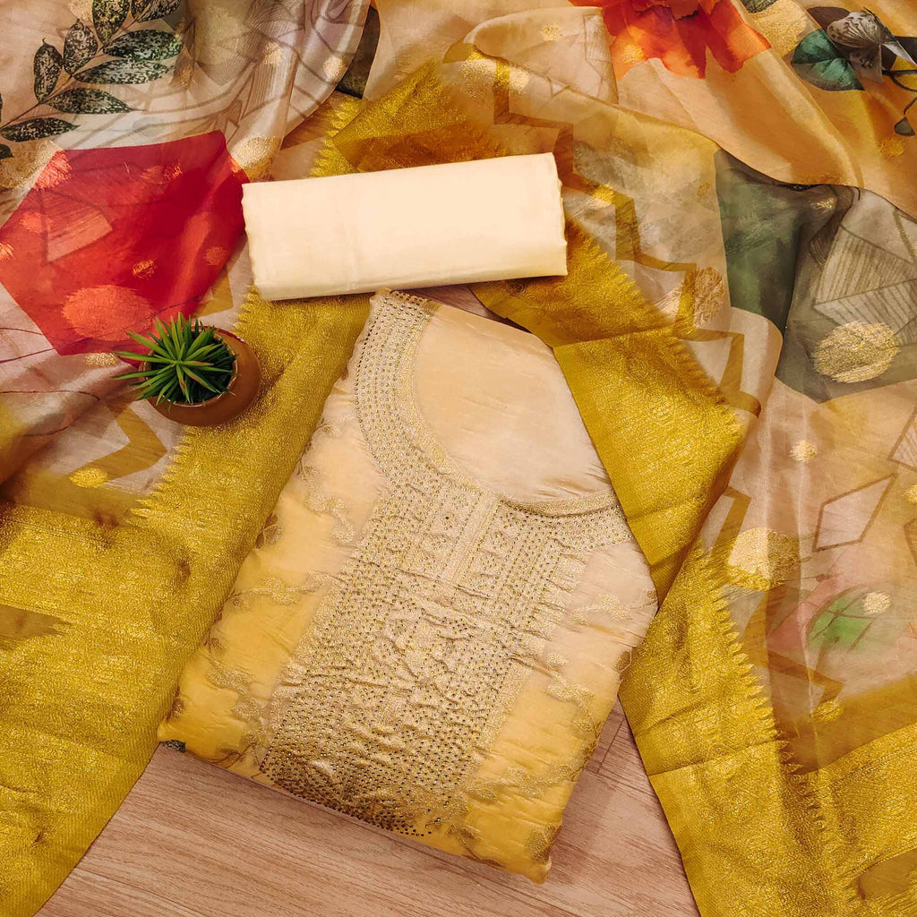 Mustard Woven Work Organza Dress Material