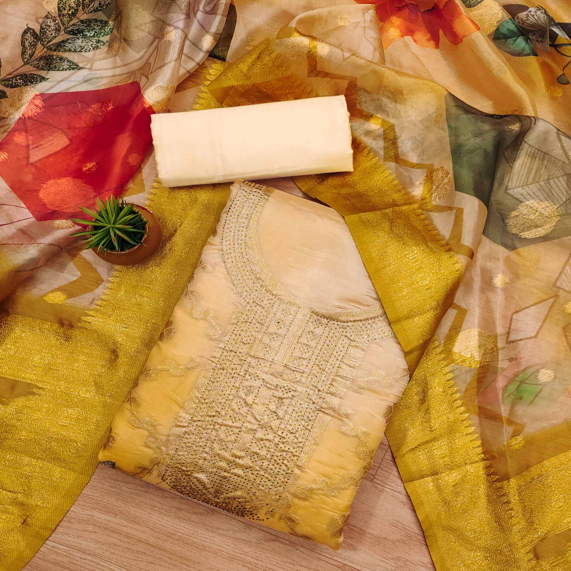 Mustard Woven Work Organza Dress Material