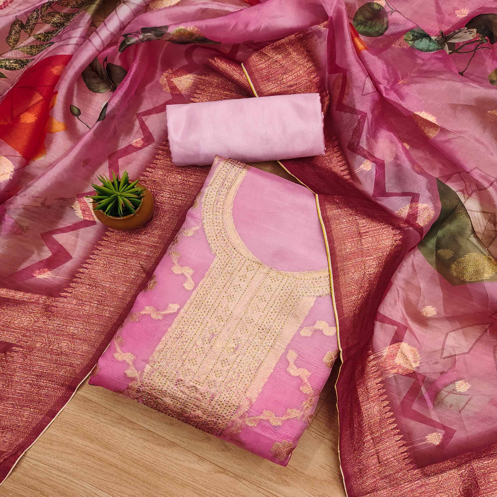 Pink Woven Work Organza Dress Material