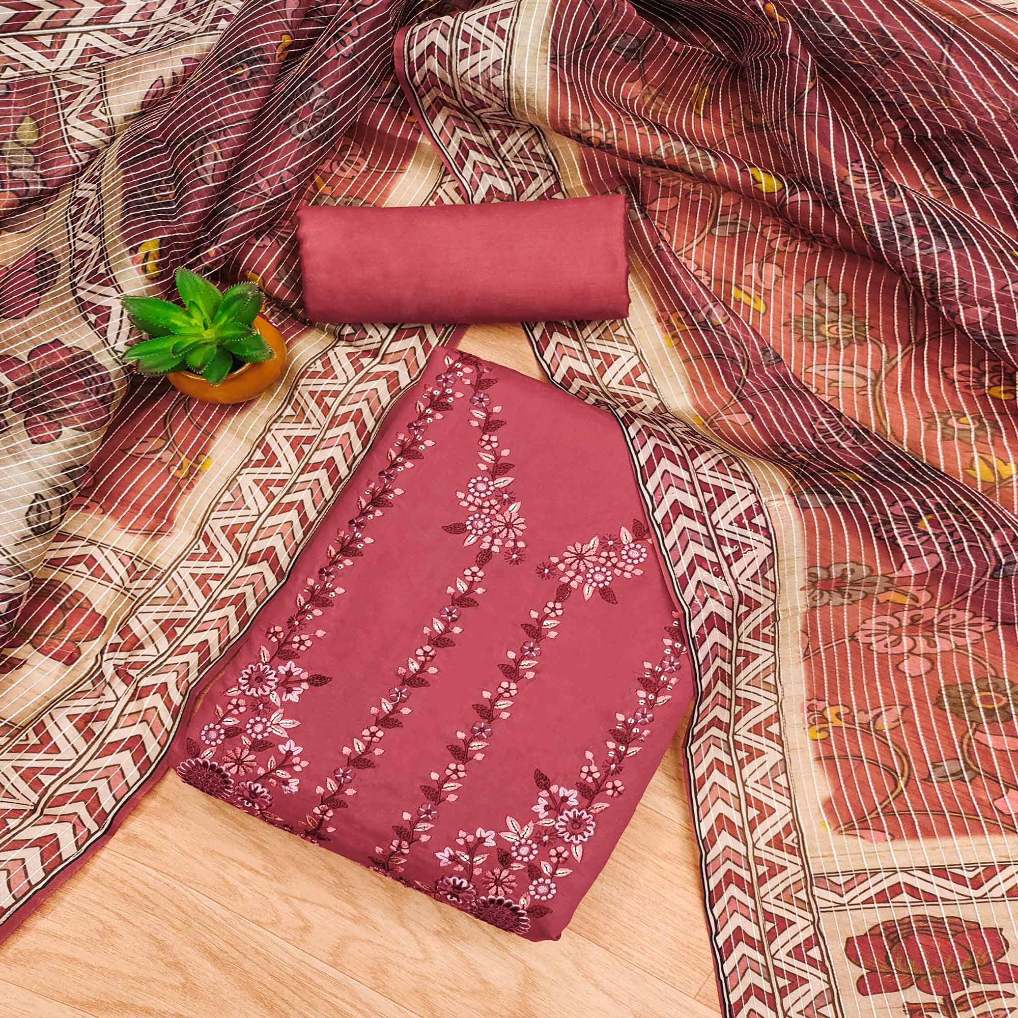 Gajari Pink  Floral Embroidered Chanderi Silk Dress Material