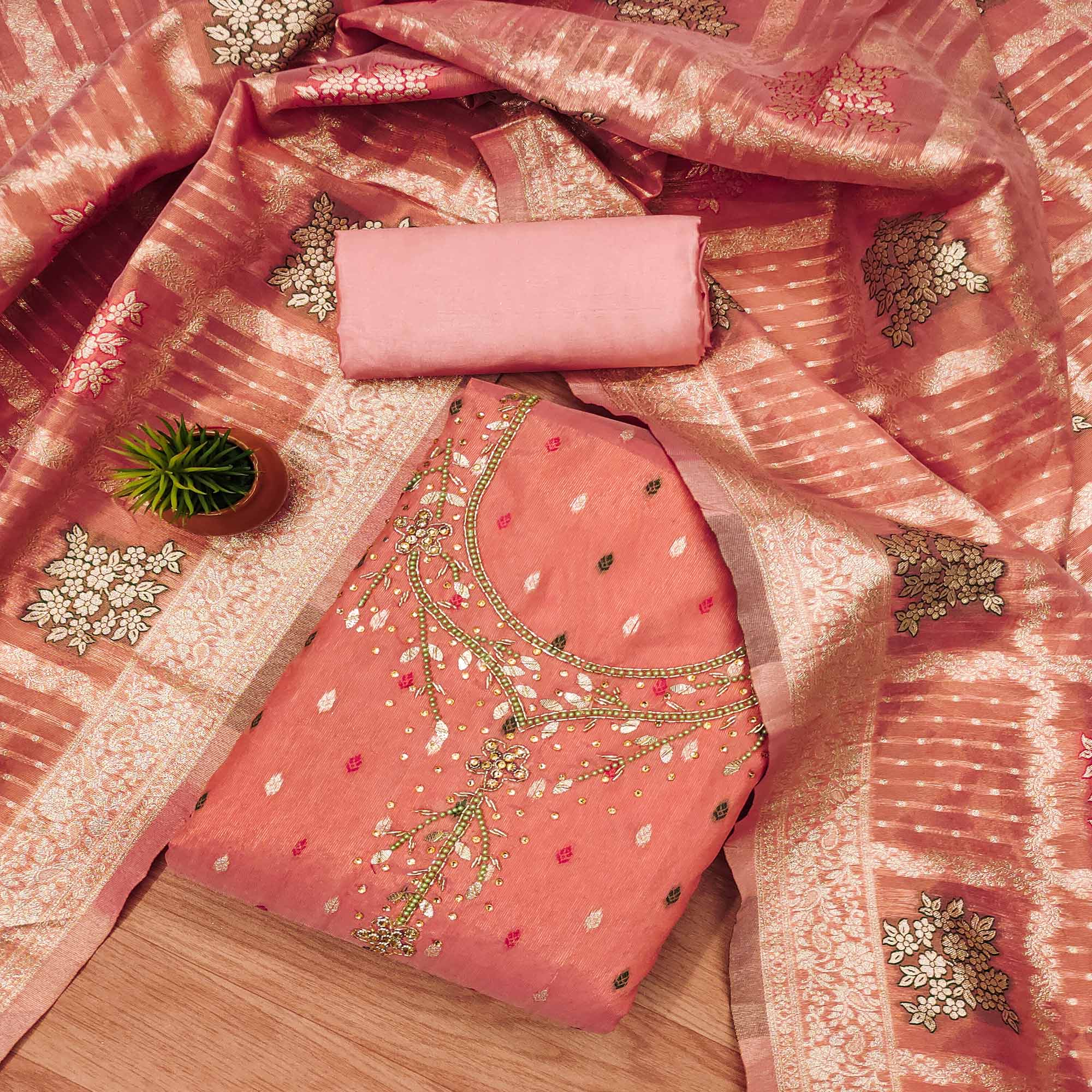 Peach Woven With Handwork Simmer Jacquard Dress Material