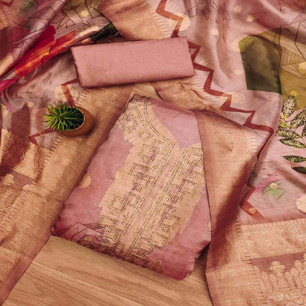 Peach Woven With Digital Printed & Swarovski Organza Dress Material