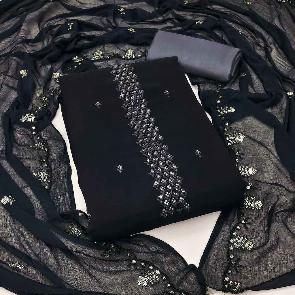 Black Floral Sequins Embroidered Georgette Dress Material