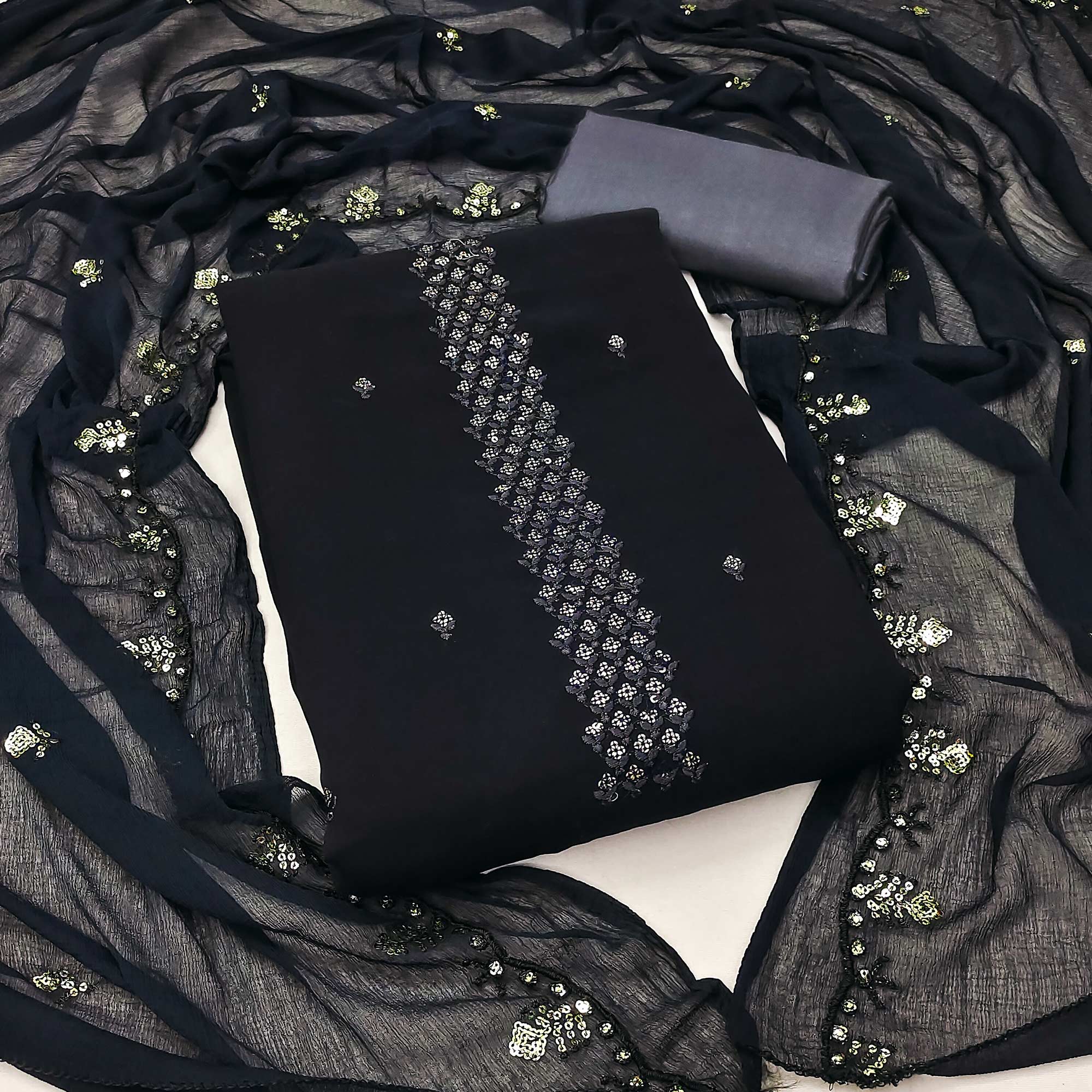 Black Floral Sequins Embroidered Georgette Dress Material