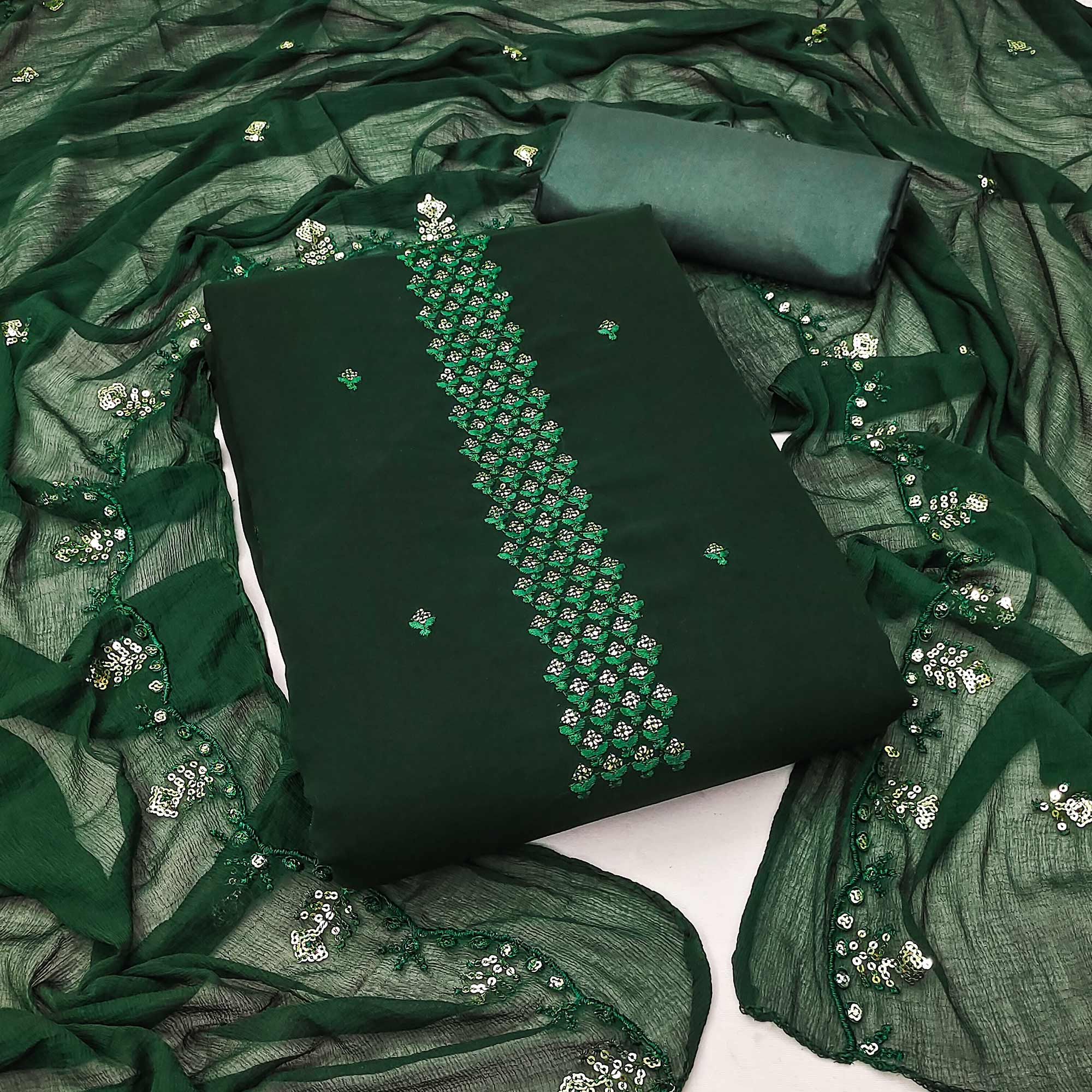 Green Floral Sequins Embroidered Georgette Dress Material