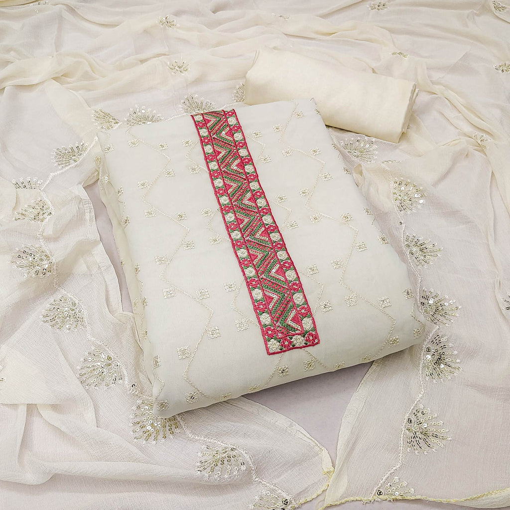 Off White Sequins Embroidered Georgette Dress Material