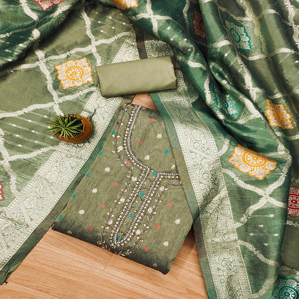 Green Woven With Handwork Simmer Jacquard Dress Material