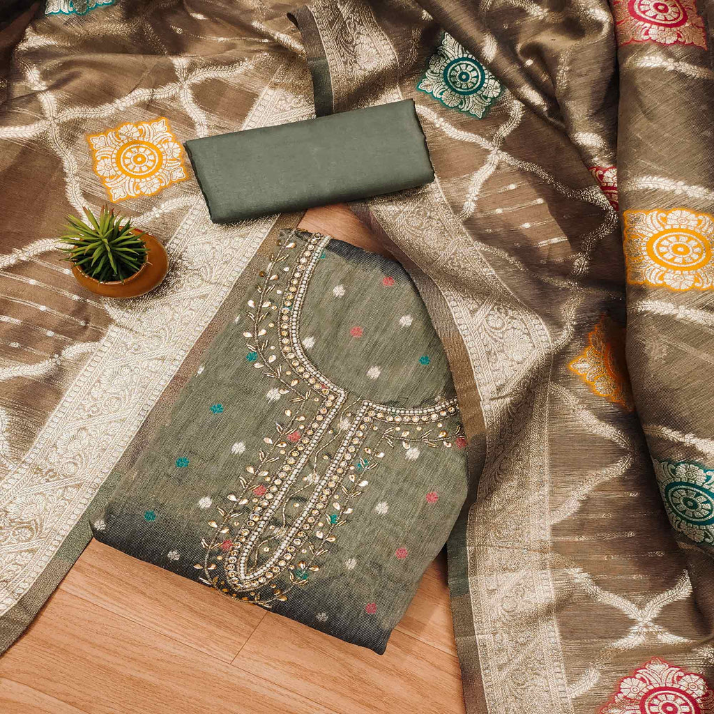 Grey Woven With Handwork Simmer Jacquard Dress Material