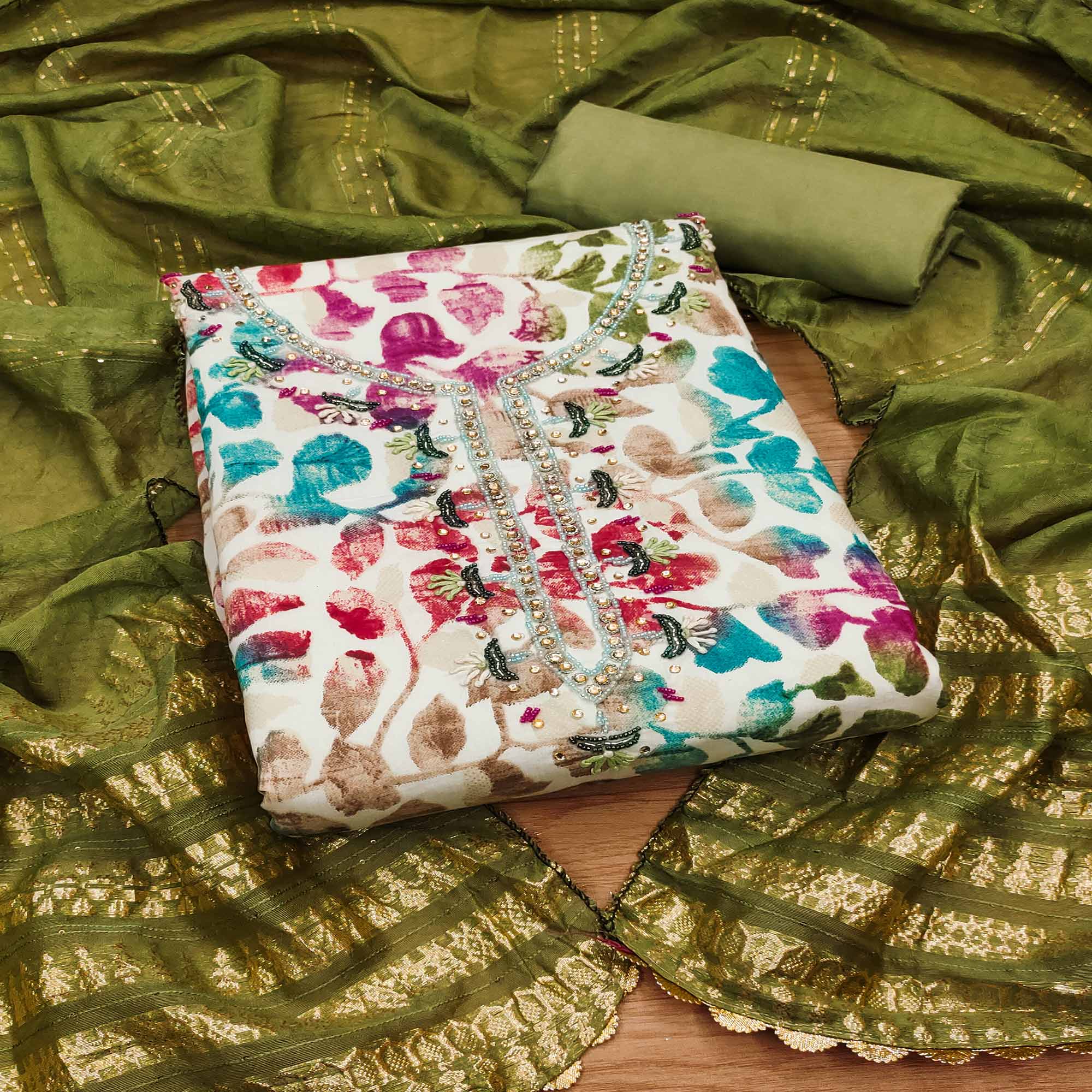 Green Floral Foil Printed With Handwork Modal Cotton Silk Dress Material