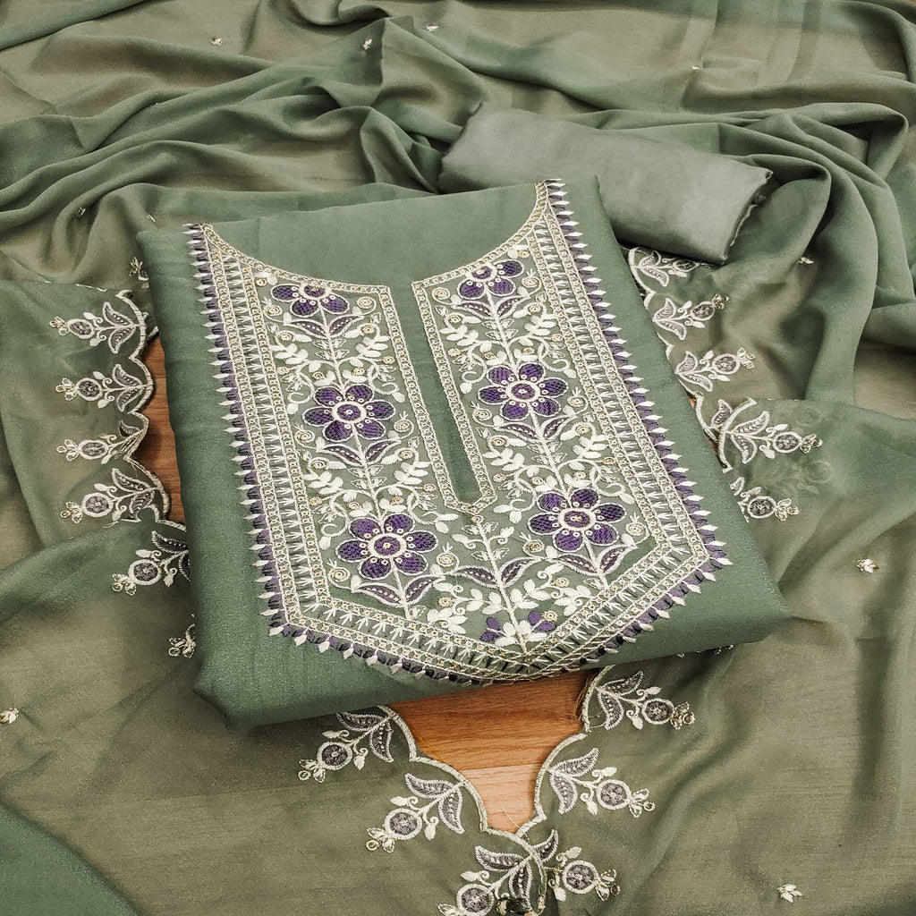 Green Floral Sequins Embroidered Georgette Dress Material