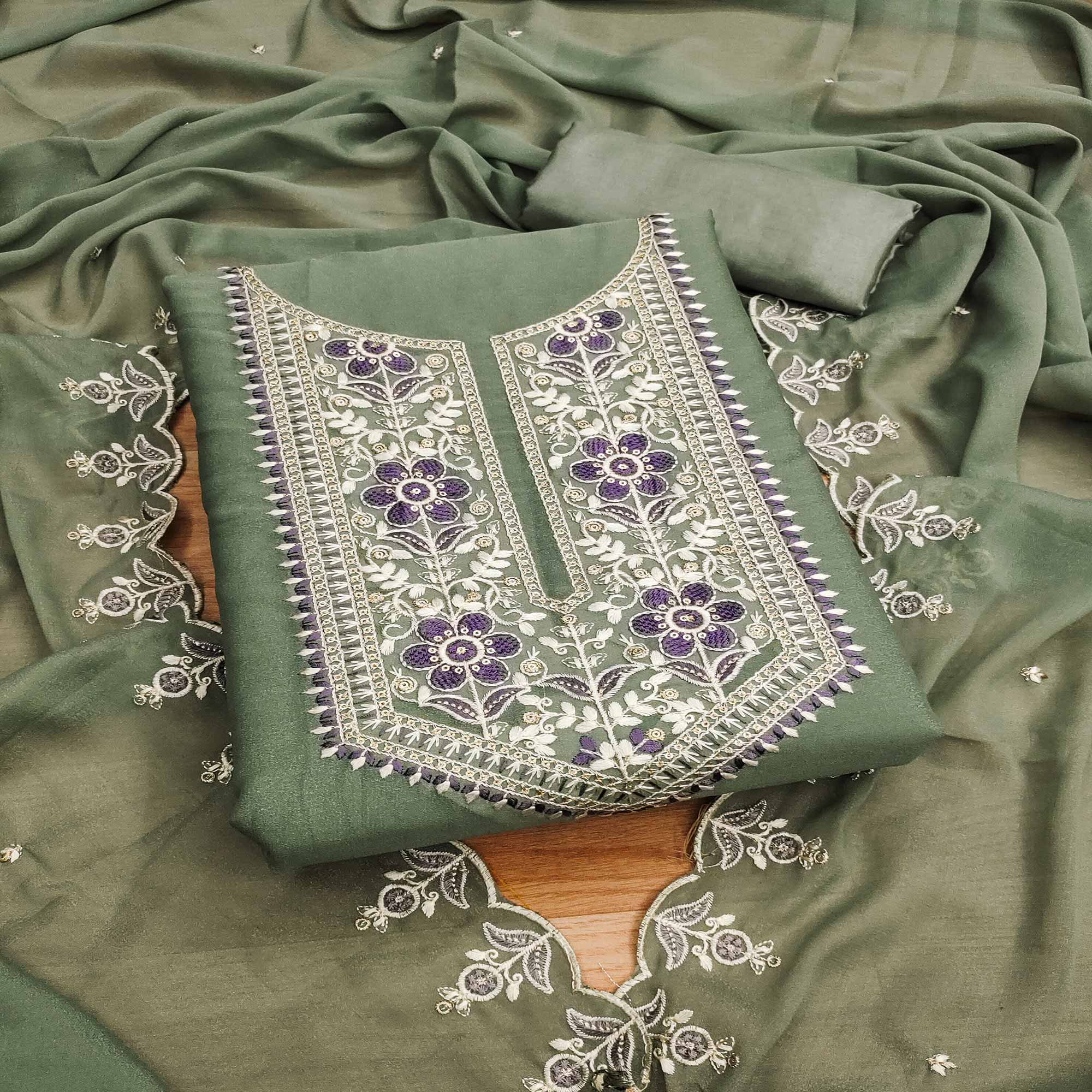 Green Floral Sequins Embroidered Georgette Dress Material