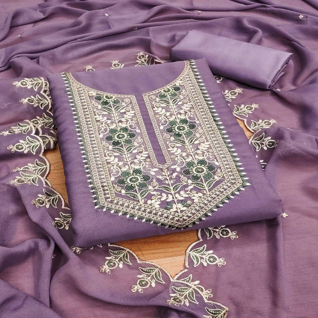 Lavender Floral Sequins Embroidered Georgette Dress Material