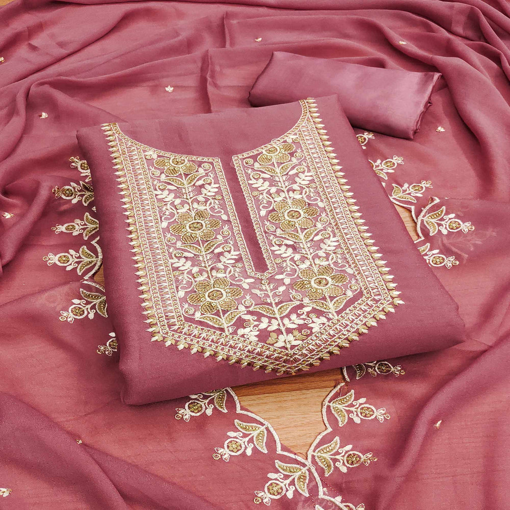 Pink Floral Sequins Embroidered Georgette Dress Material