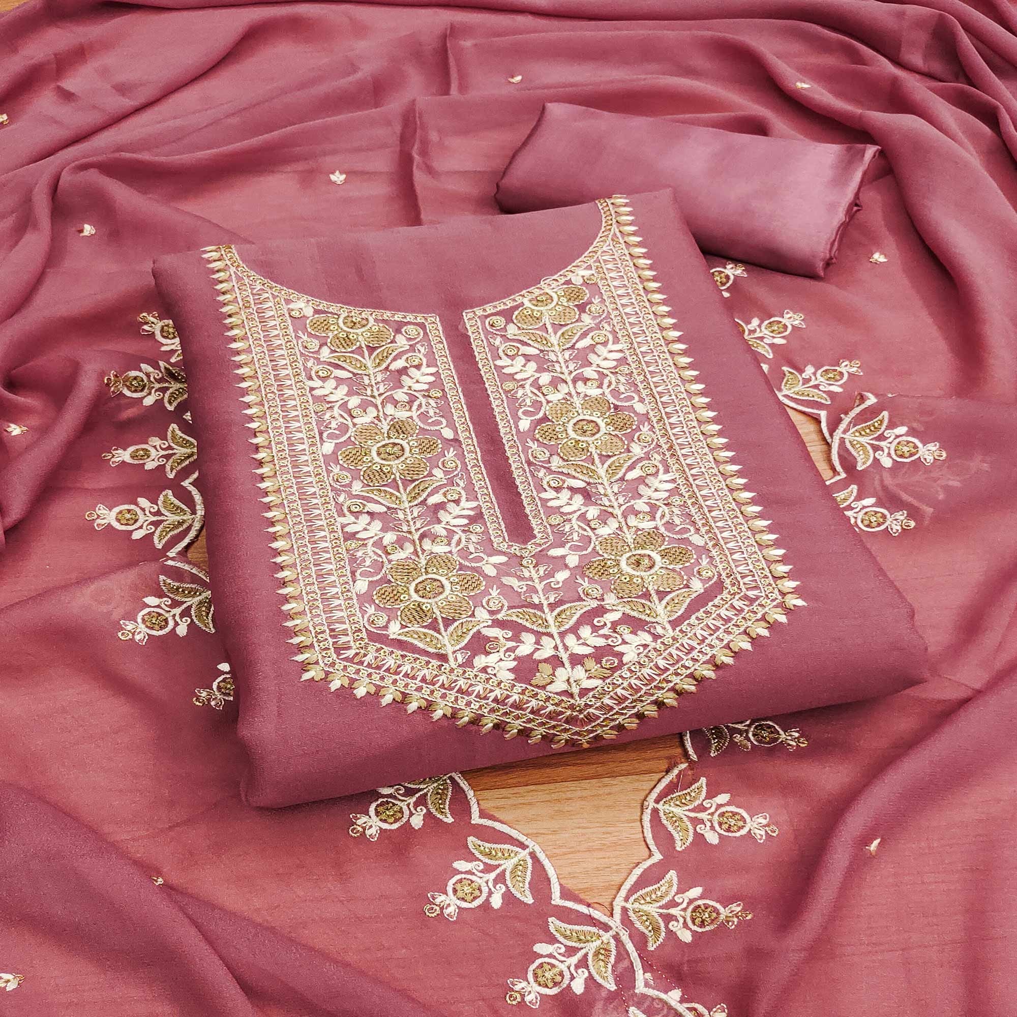 Pink Floral Sequins Embroidered Georgette Dress Material