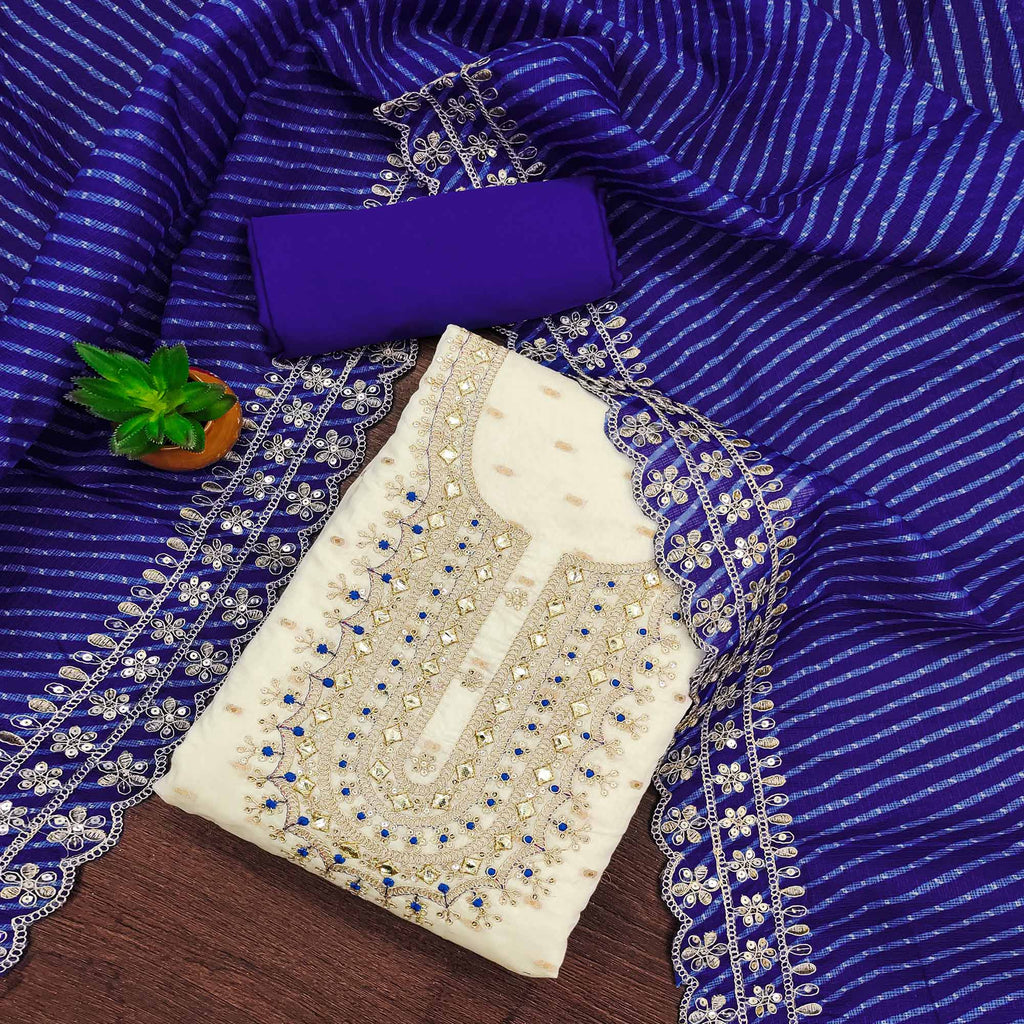 Off White & Blue Embroidered Chanderi Dress Material