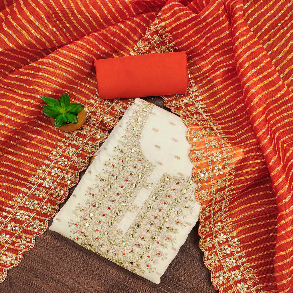 Off White & Orange Embroidered Chanderi Dress Material