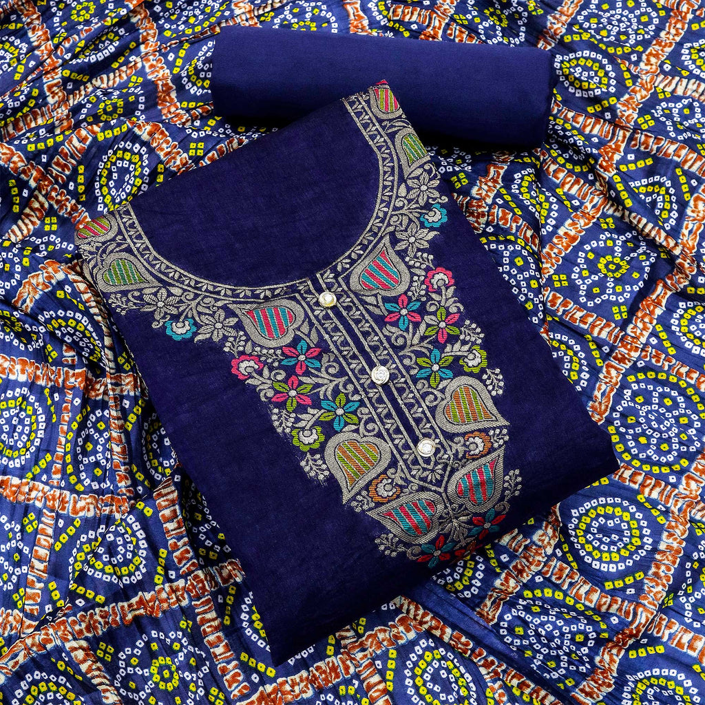 Blue Floral Woven Chanderi Jacquard Dress Material