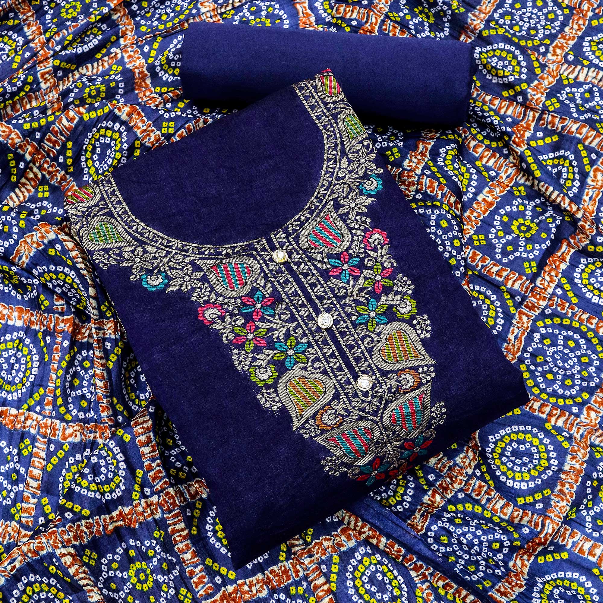 Blue Floral Woven Chanderi Jacquard Dress Material