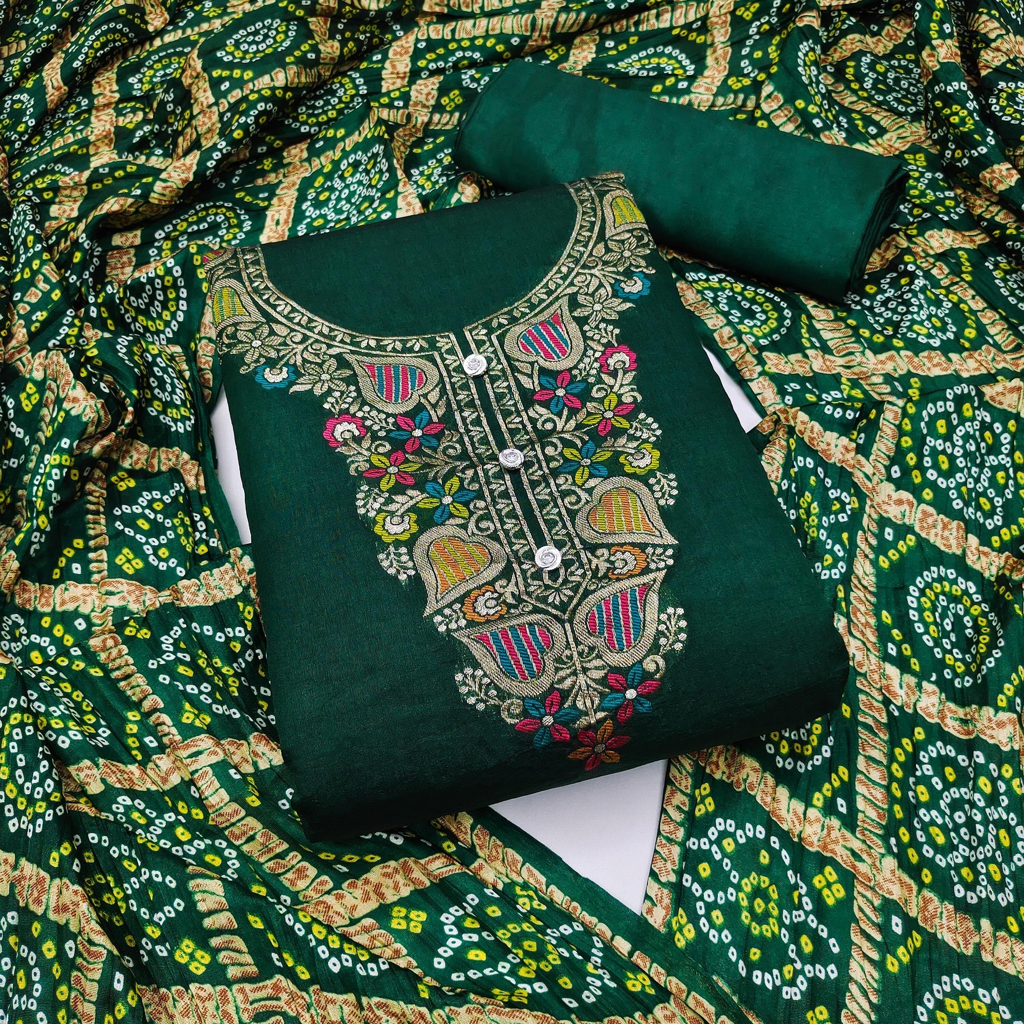 Green Floral Woven Chanderi Jacquard Dress Material