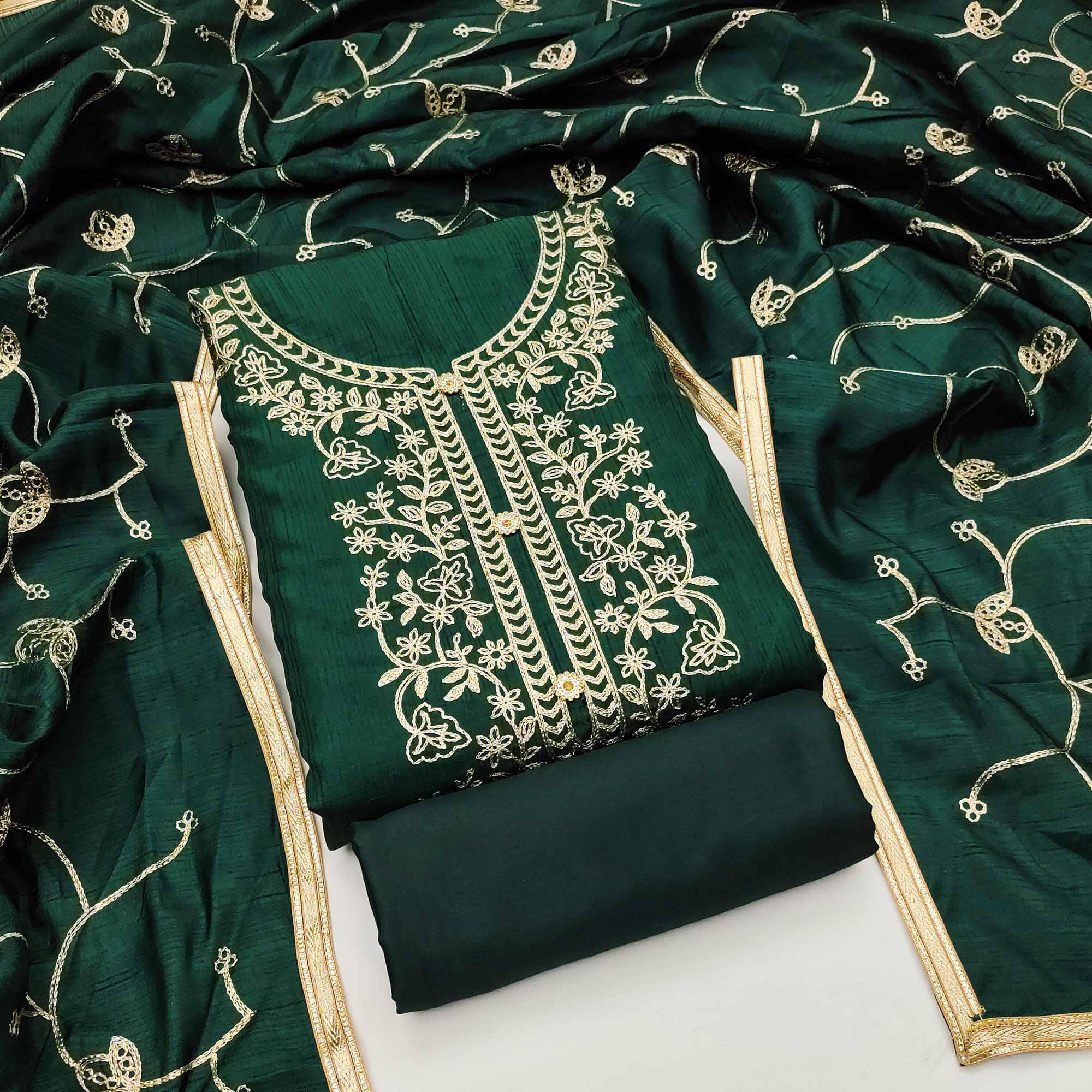 Green Floral Embroidered Art Silk Dress Material