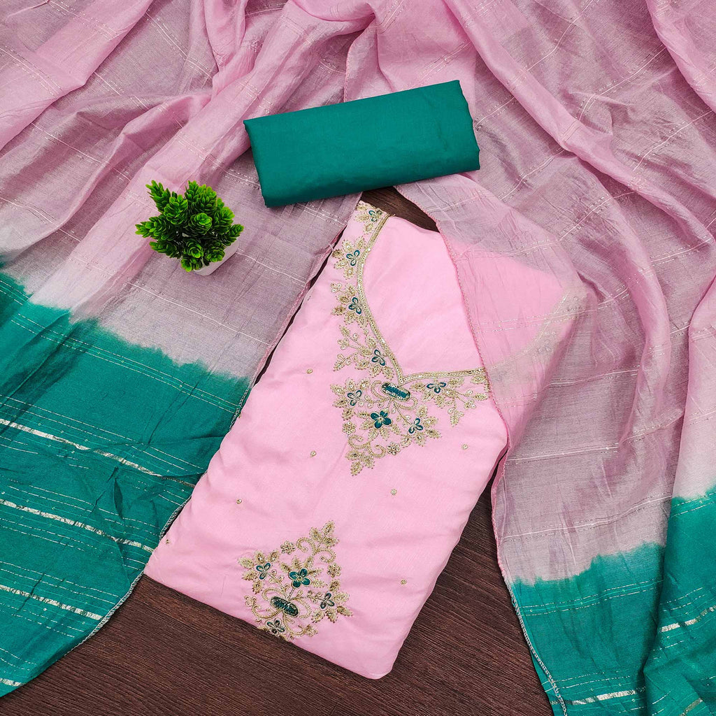 Pink Floral Sequins Embroidered Art Silk Dress Material